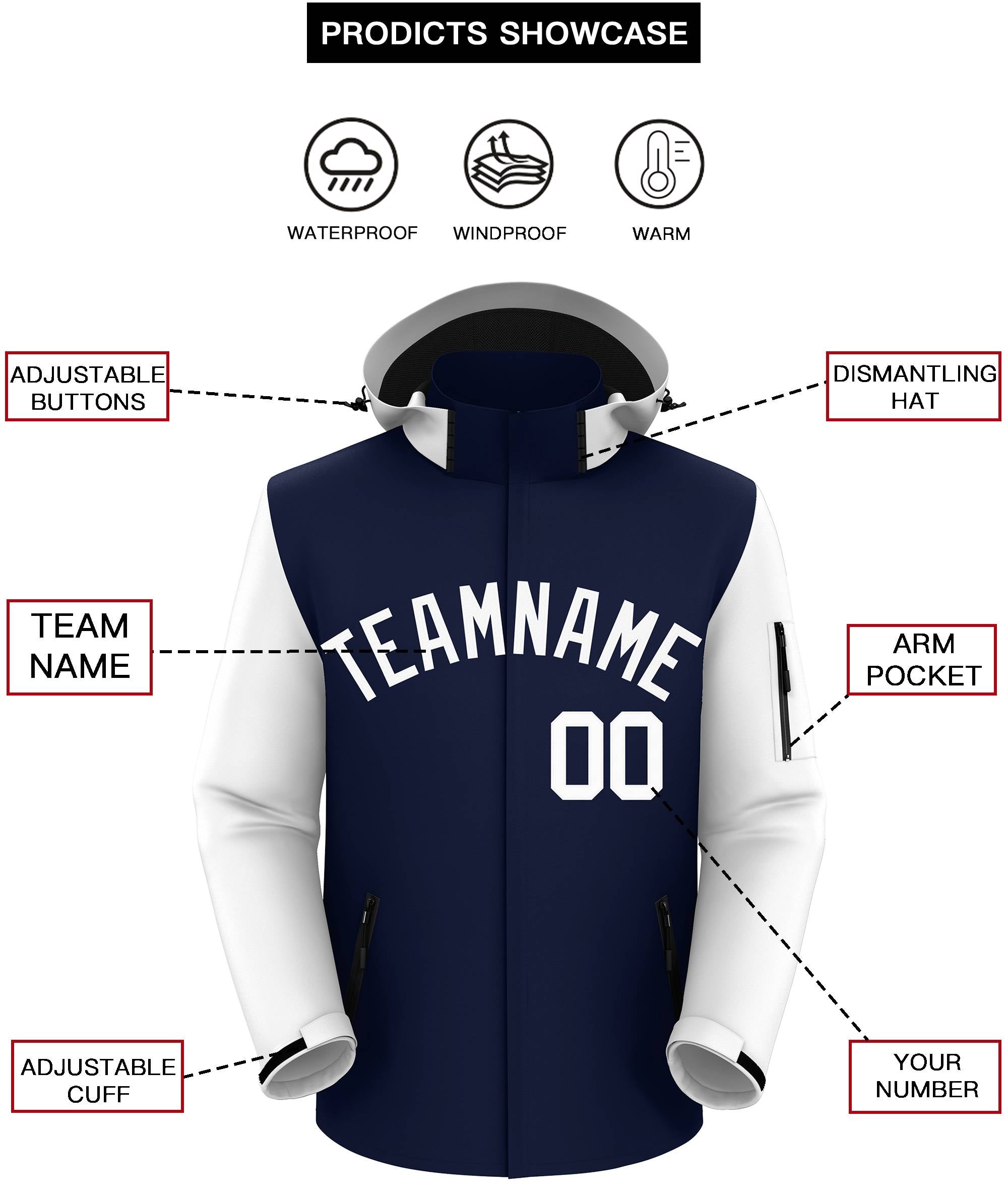 Custom Navy White Raglan Sleeves Waterproof Jacket