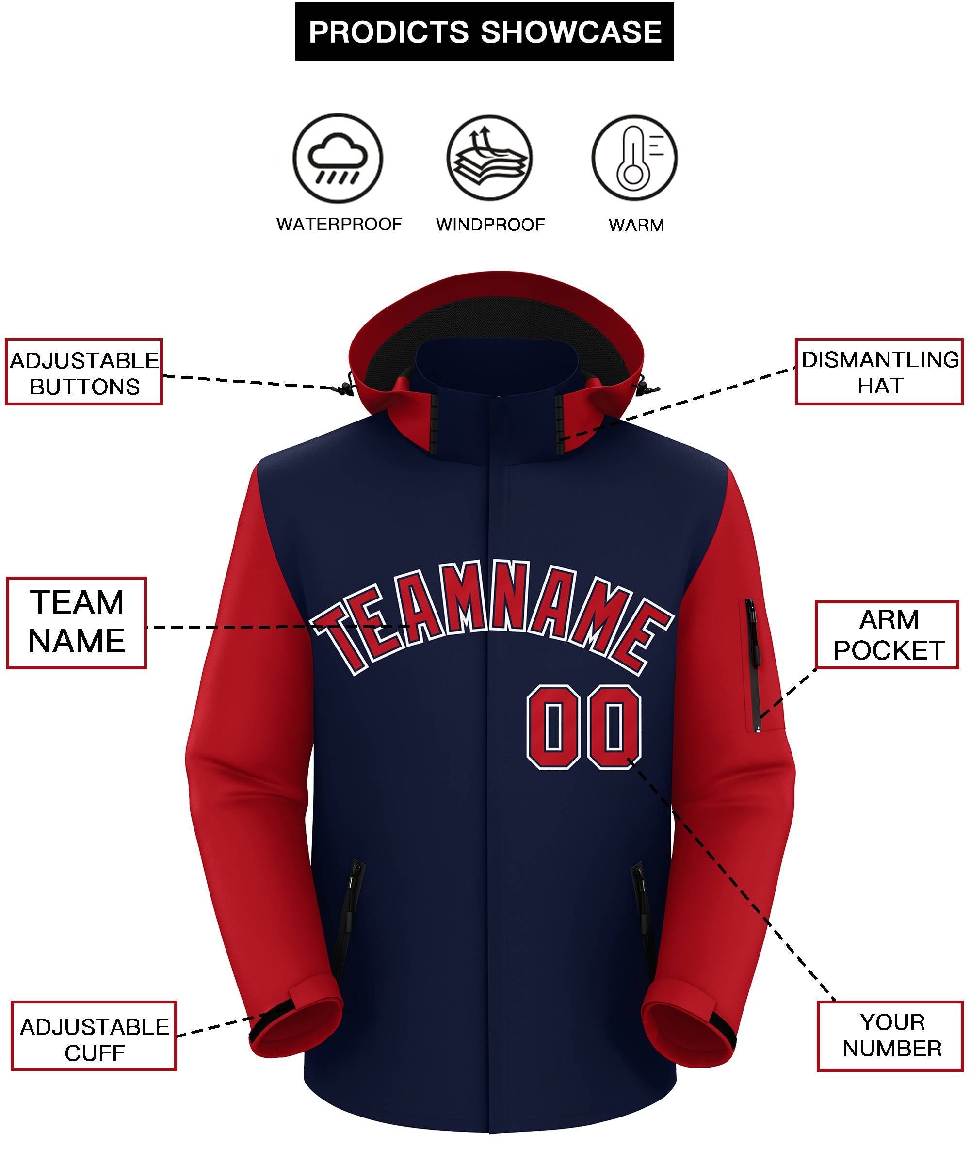 Custom Navy Red-White Raglan Sleeves Waterproof Jacket