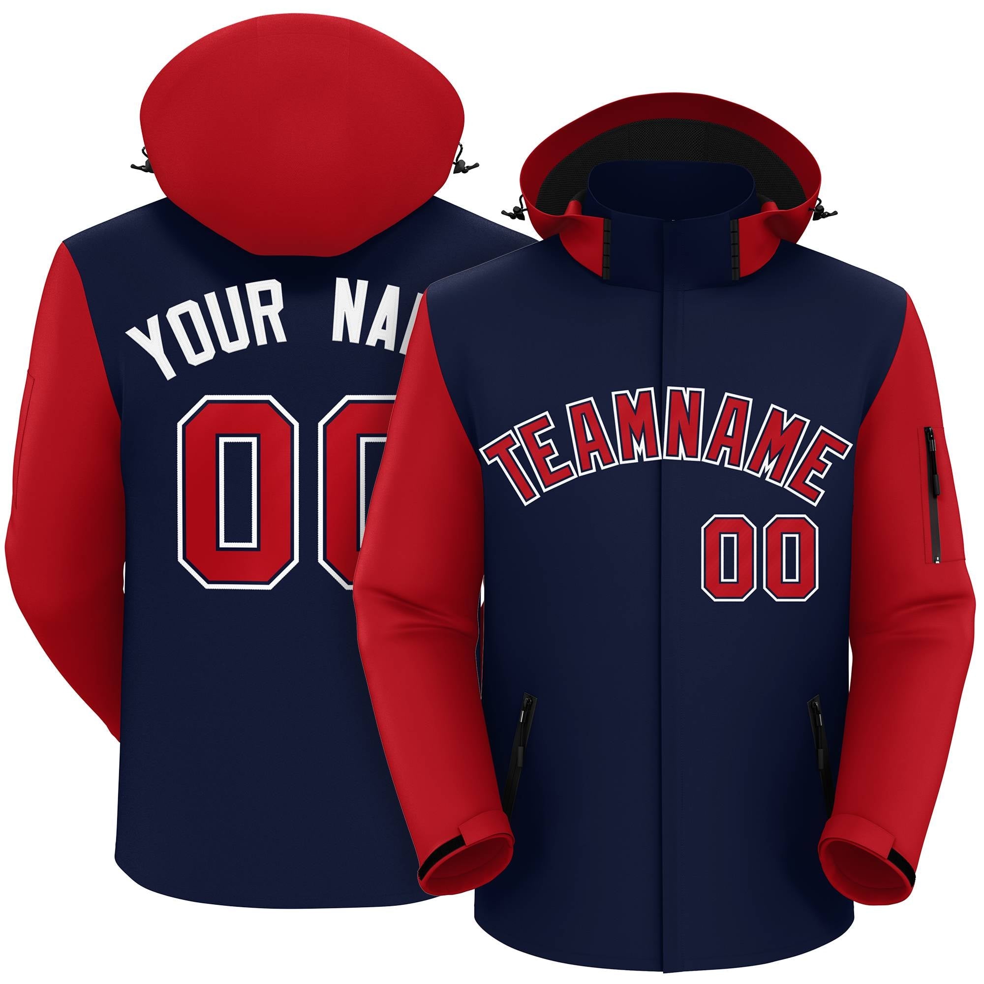 Custom Navy Red-White Raglan Sleeves Waterproof Jacket