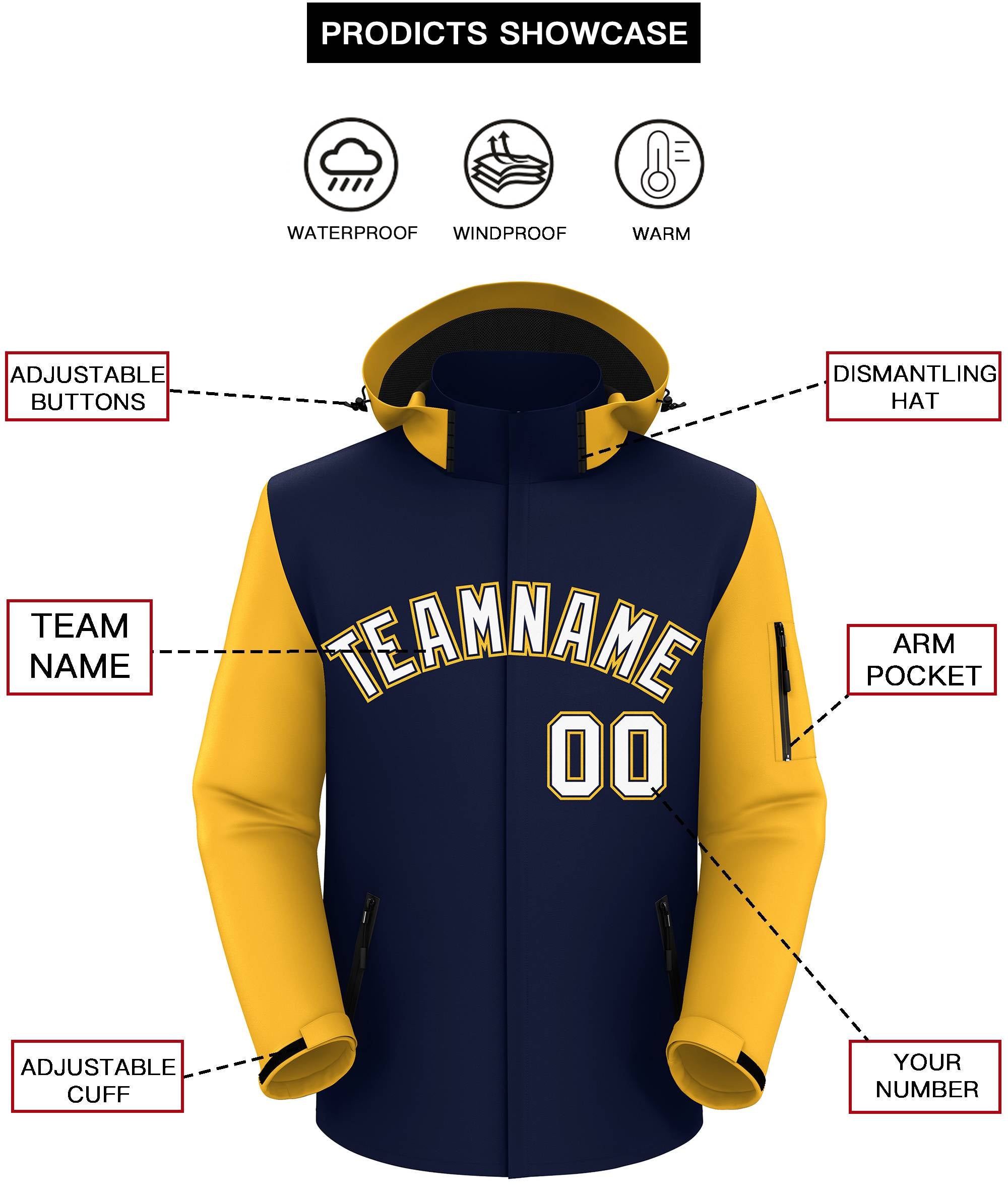 Custom Navy Gold-White Raglan Sleeves Waterproof Jacket