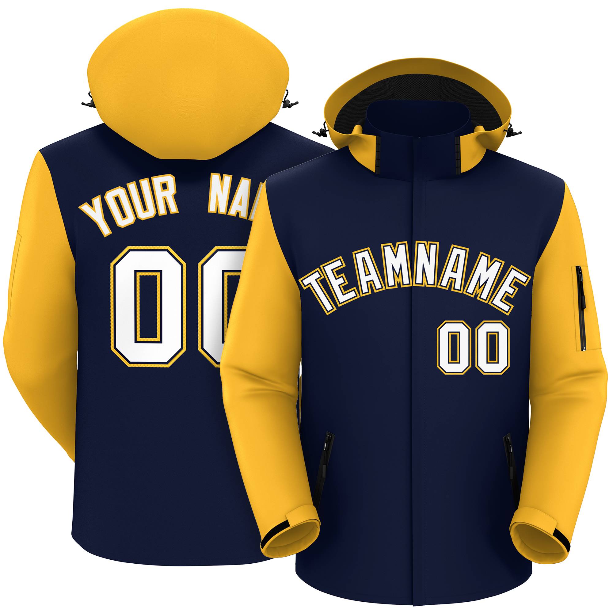 Custom Navy Gold-White Raglan Sleeves Waterproof Jacket