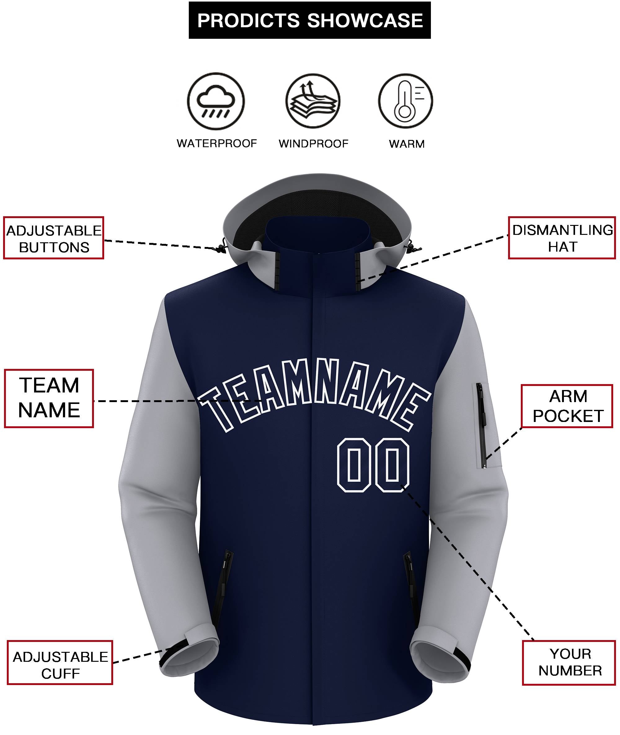 Custom Navy Gray-White Raglan Sleeves Waterproof Jacket