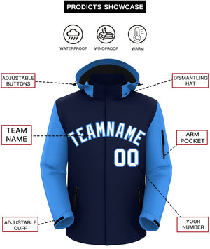 Custom Navy Powder Blue-White Raglan Sleeves Waterproof Jacket