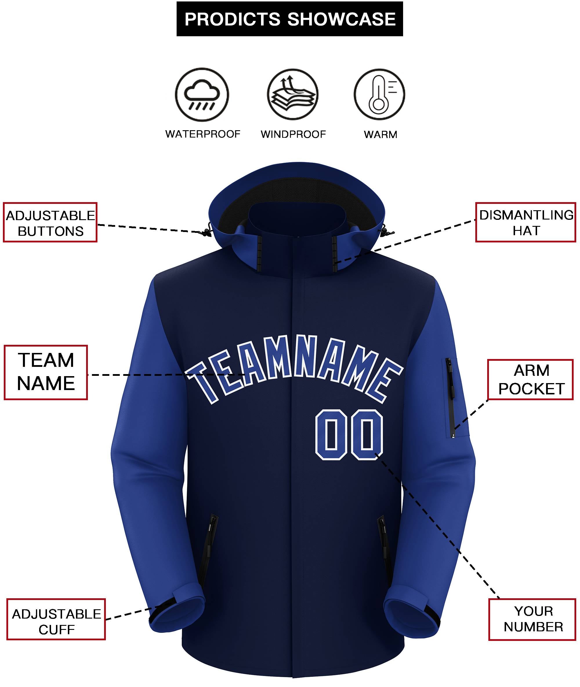 Custom Navy Royal-White Raglan Sleeves Waterproof Jacket