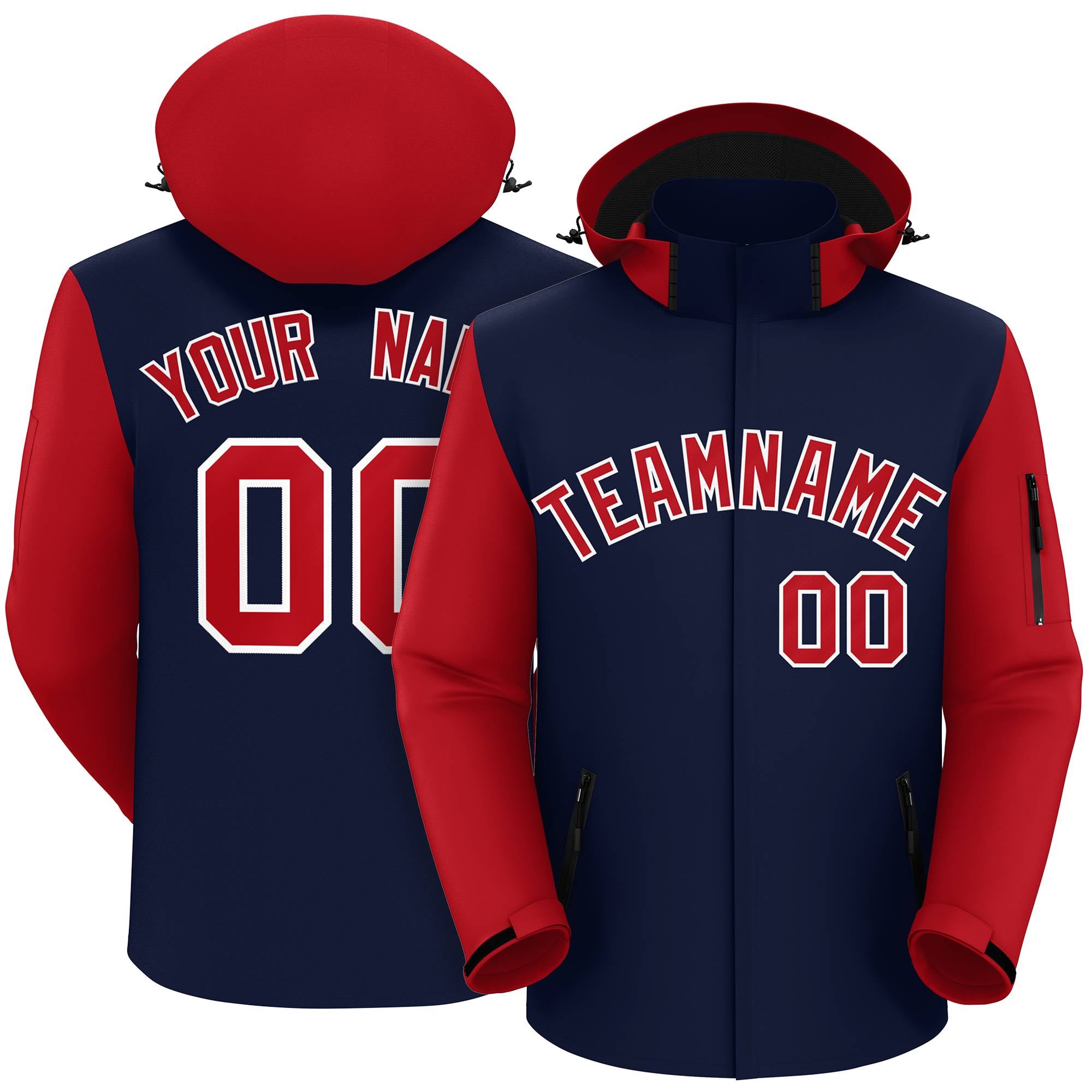 Custom Navy Red-White Raglan Sleeves Waterproof Jacket