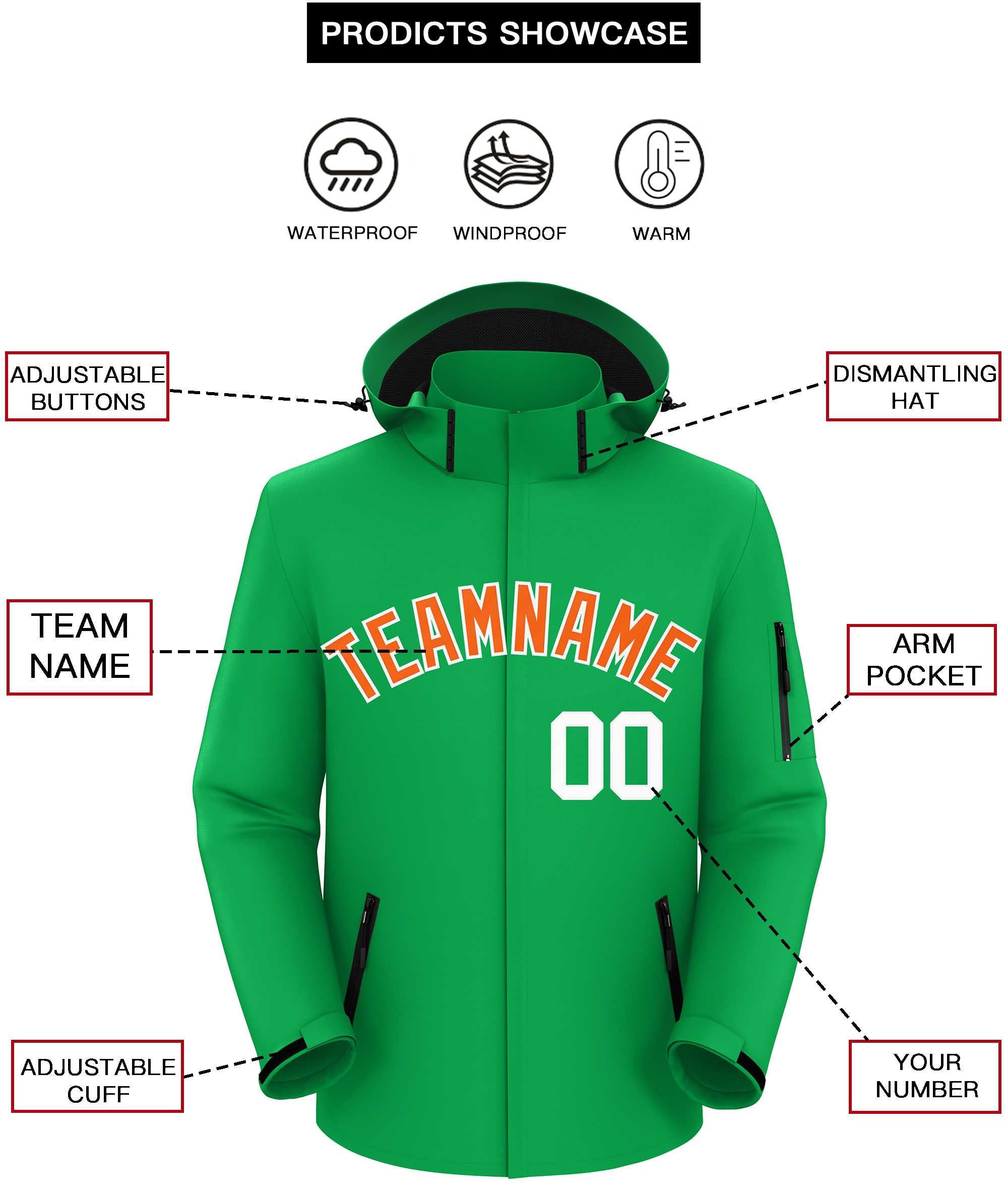 Custom Kelly Green Orange-White Classic Style Waterproof Jacket