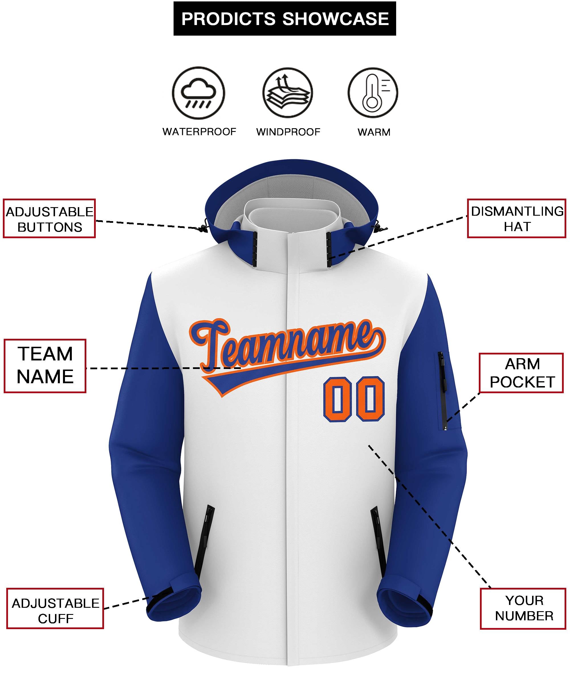 Veste imperméable personnalisée à manches raglan blanc royal-orange