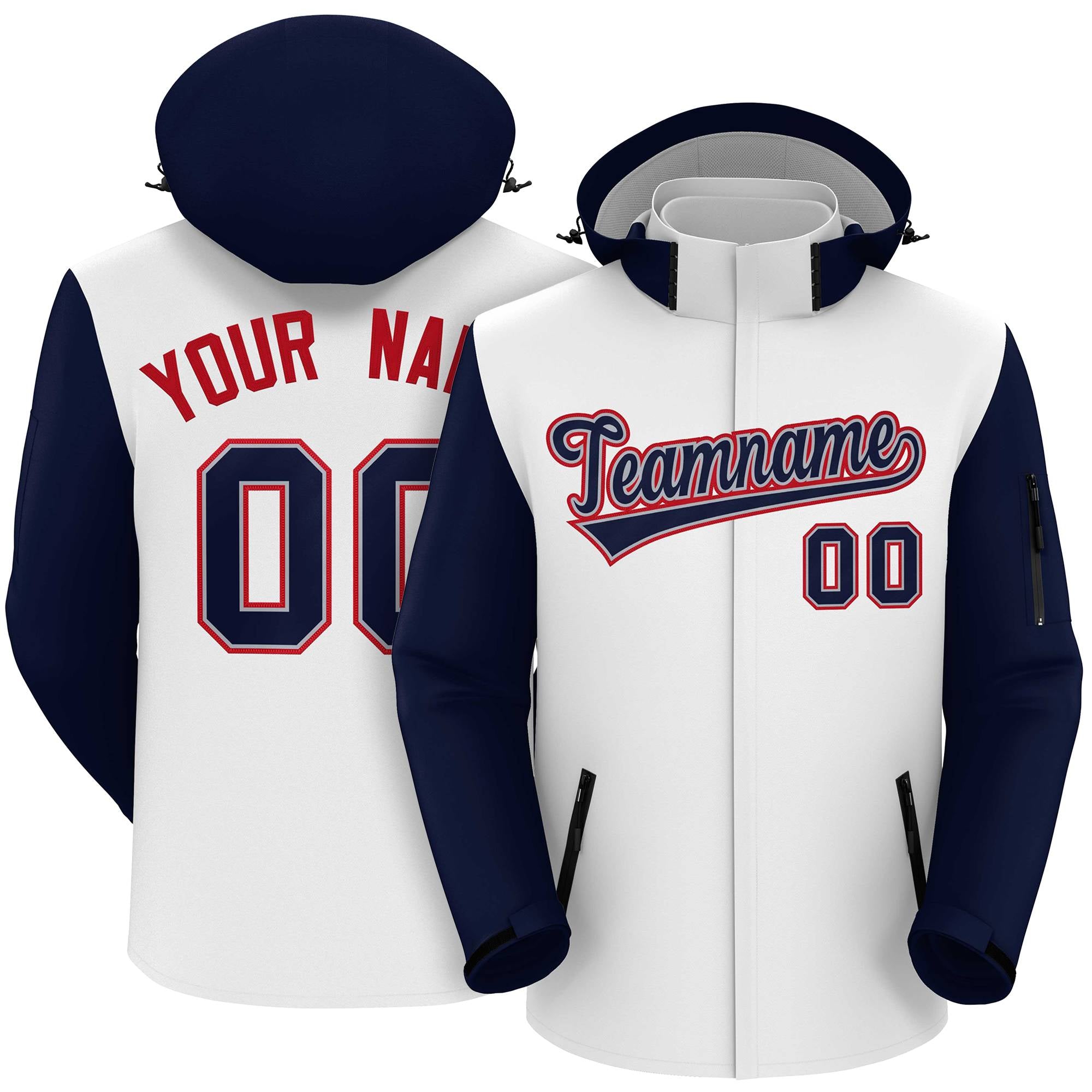 Veste imperméable personnalisée à manches raglan blanc marine-rouge