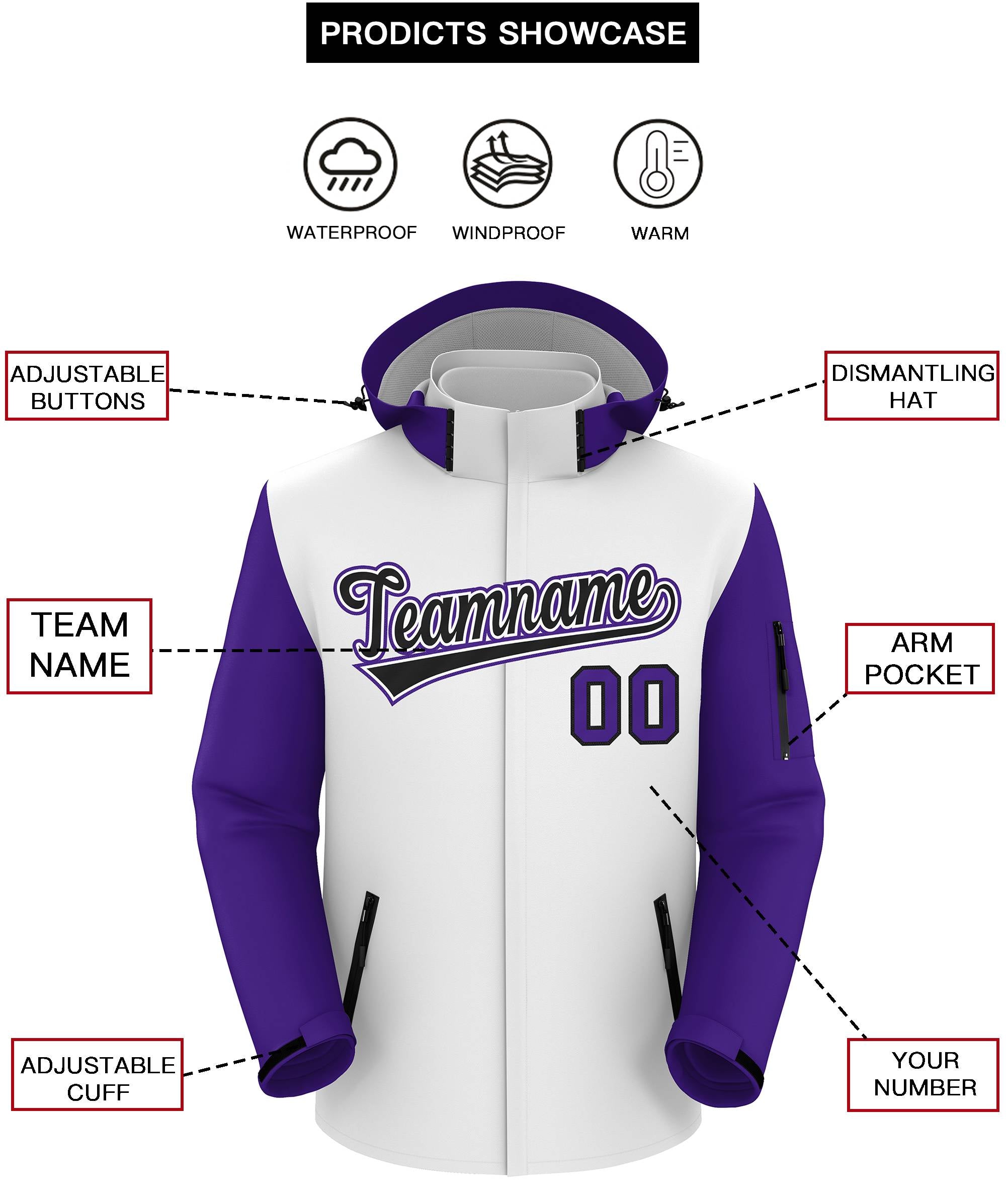 Veste imperméable personnalisée à manches raglan blanc violet-noir