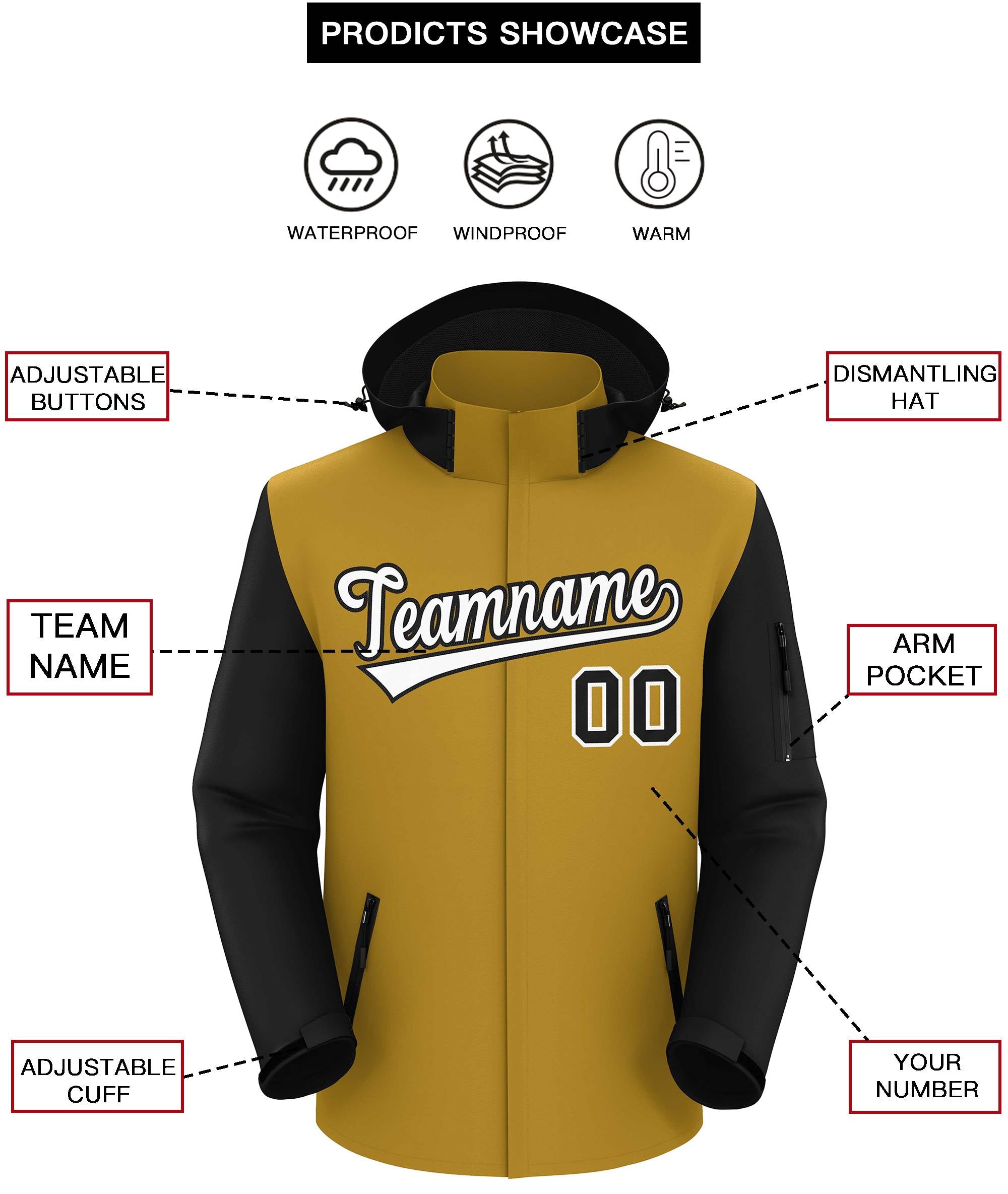 Custom Old Gold Black-White Raglan Sleeves Waterproof Jacket