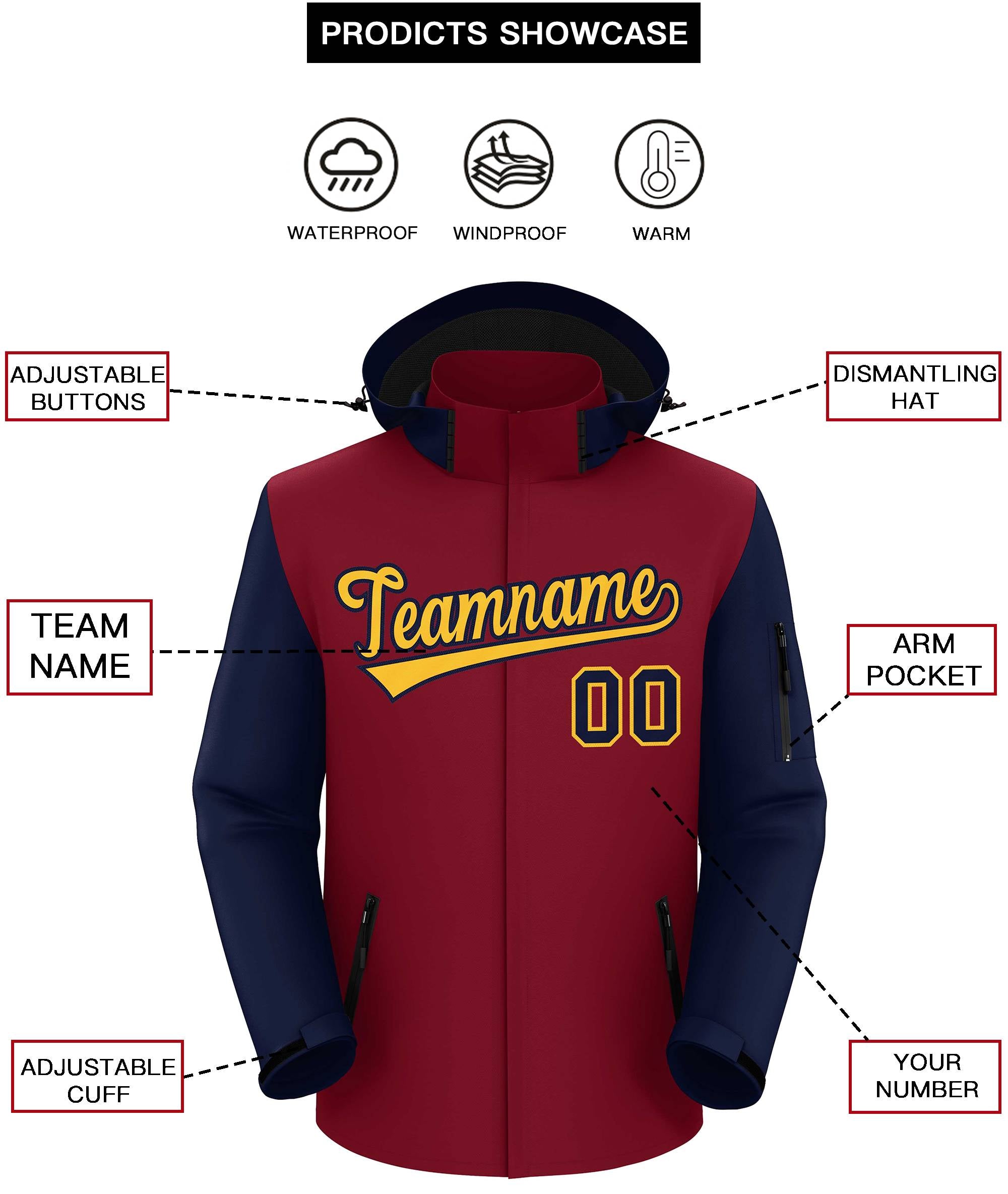 Custom Crimson Navy-Gold Raglan Sleeves Waterproof Jacket