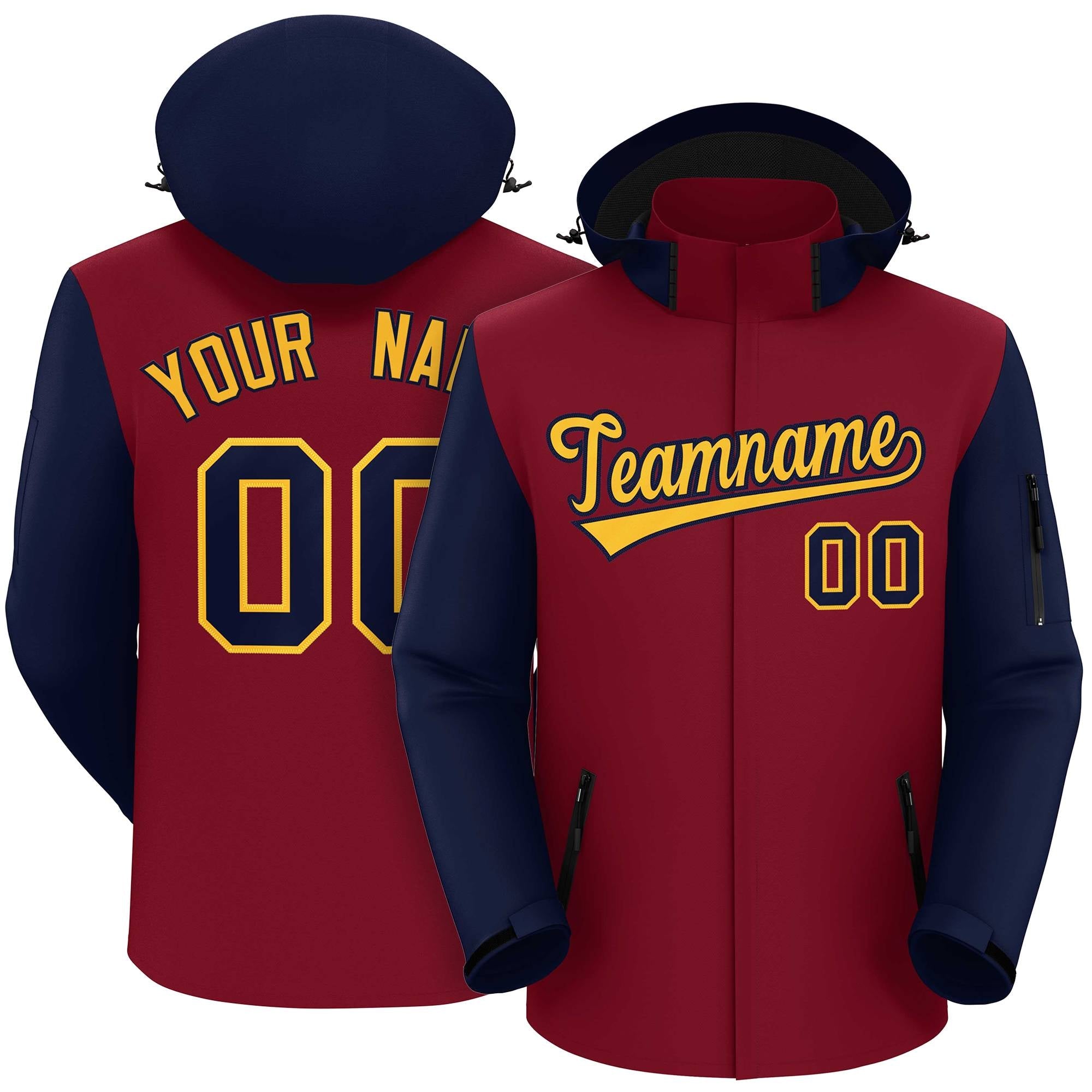 Custom Crimson Navy-Gold Raglan Sleeves Waterproof Jacket