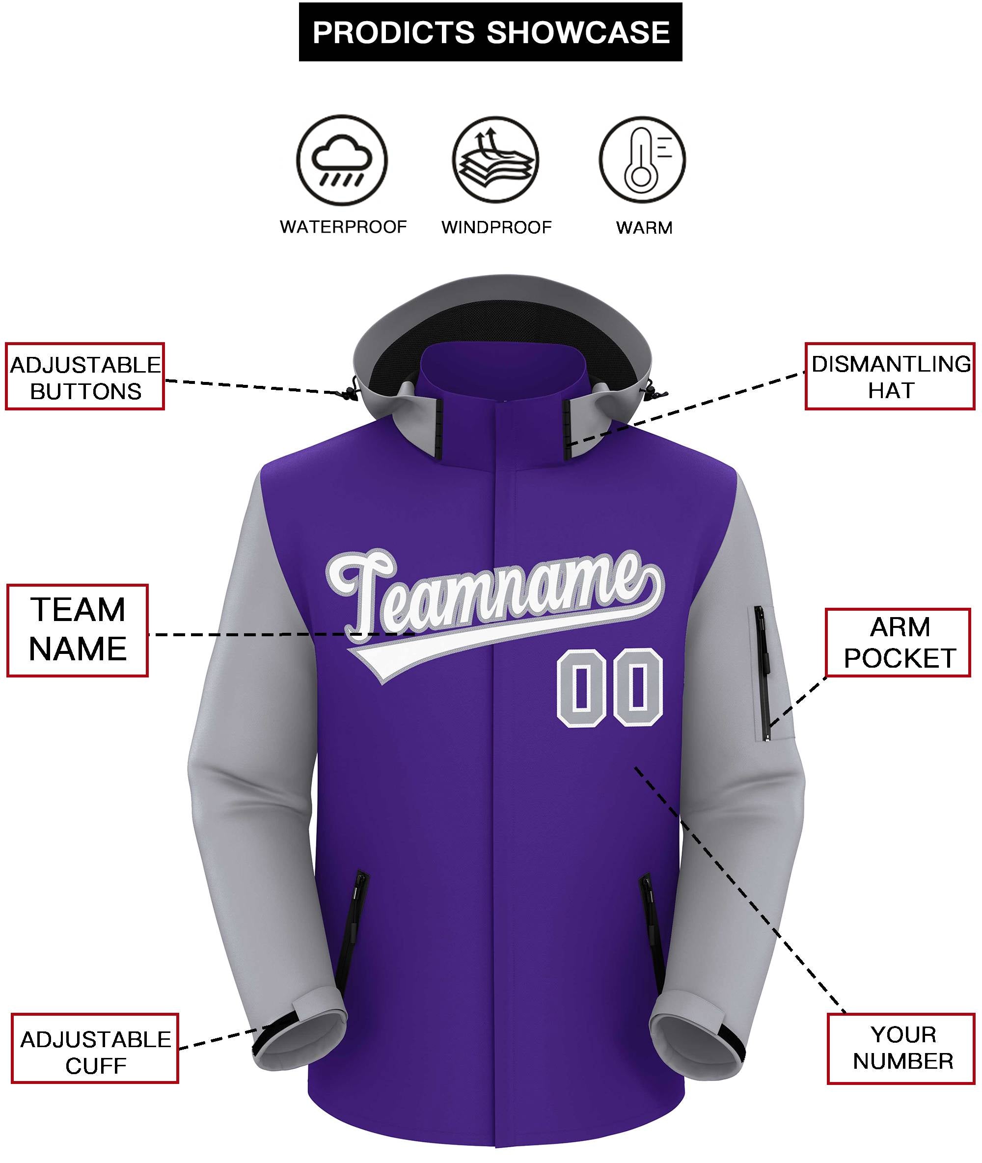 Custom Purple Gray-White Raglan Sleeves Waterproof Jacket