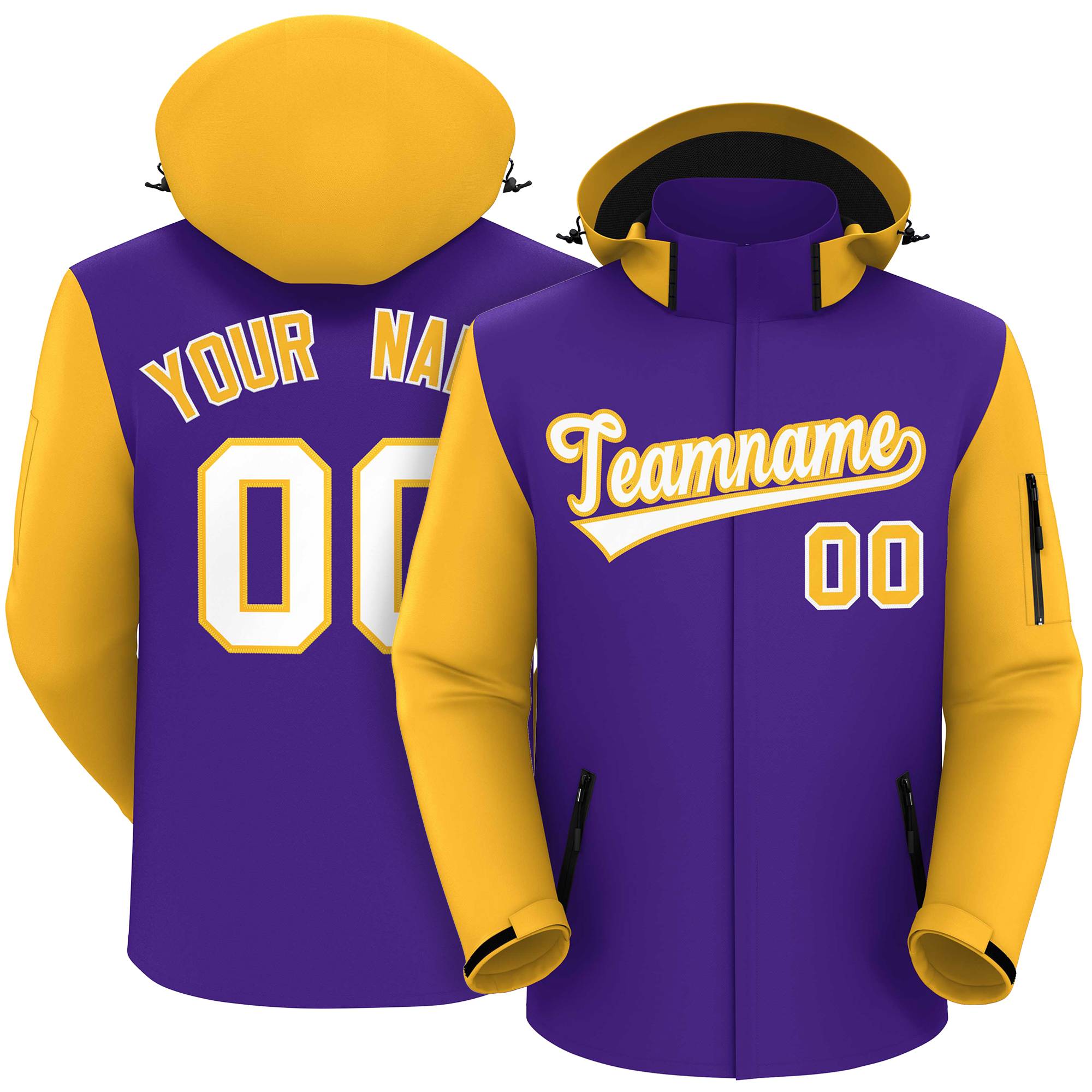 Custom Purple Gold-White Raglan Sleeves Waterproof Jacket