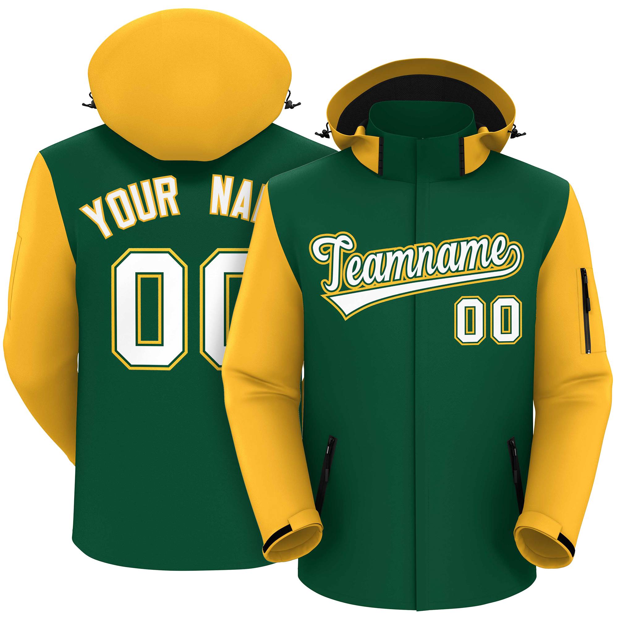 Custom Green Gold-White Raglan Sleeves Waterproof Jacket