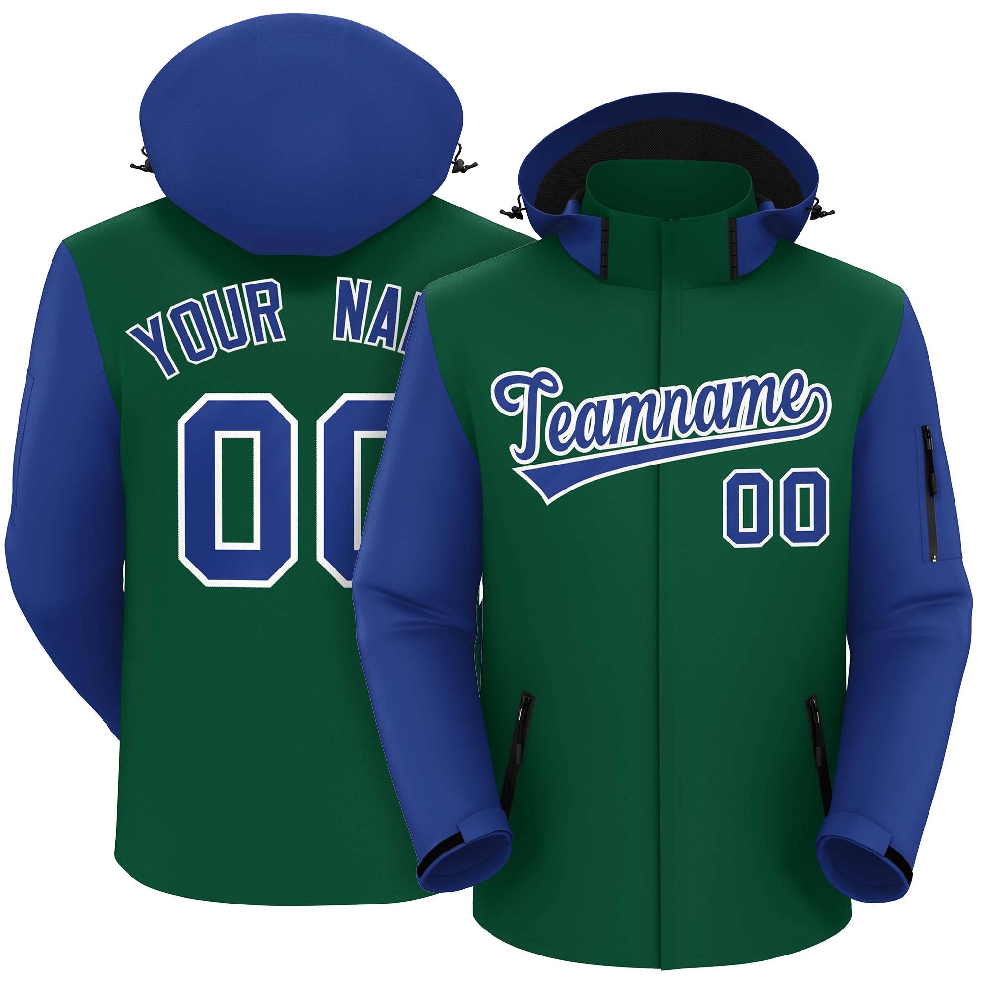 Custom Green Royal-White Raglan Sleeves Waterproof Jacket