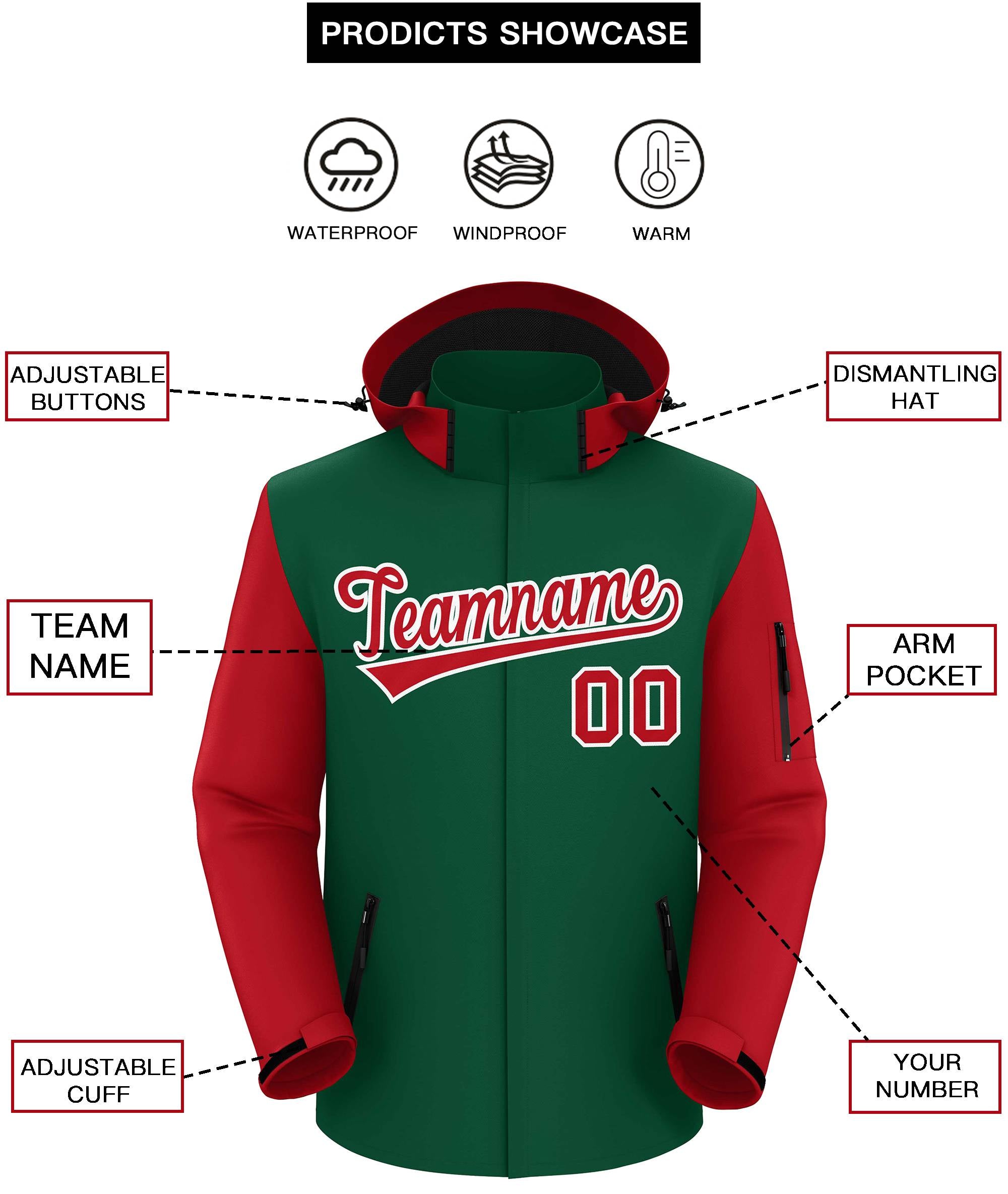 Custom Green Red-White Raglan Sleeves Waterproof Jacket