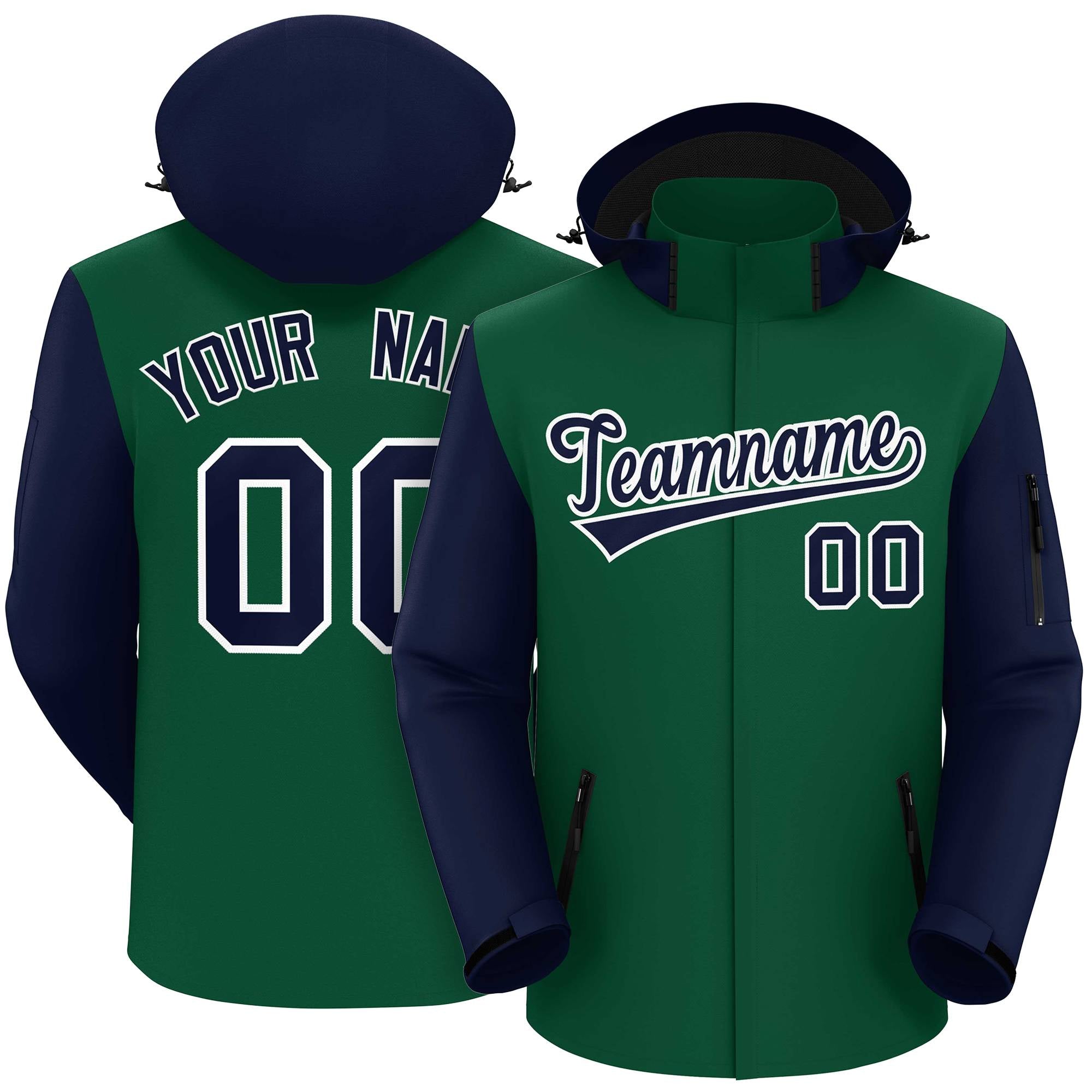 Custom Green Navy-White Raglan Sleeves Waterproof Jacket