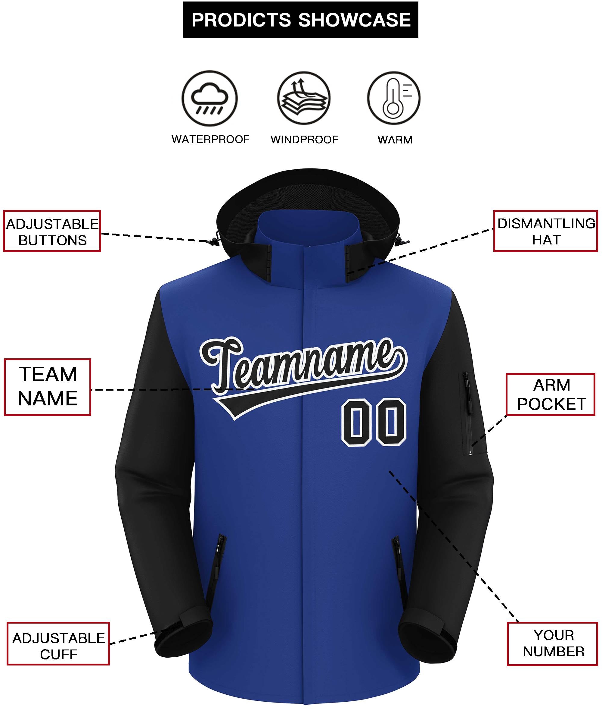 Custom Royal Black-White Raglan Sleeves Waterproof Jacket