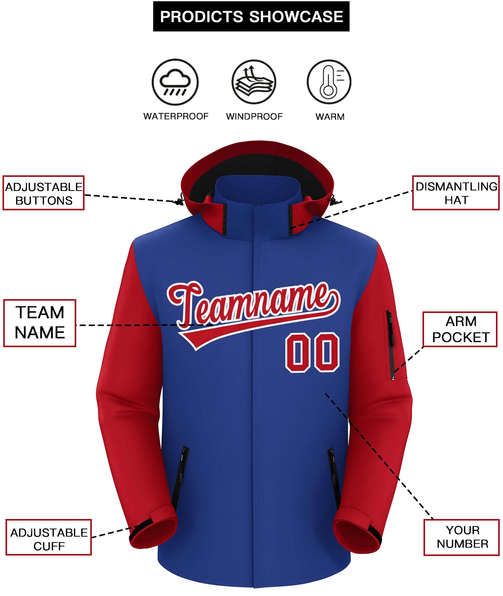 Custom Royal Red-White Raglan Sleeves Waterproof Jacket