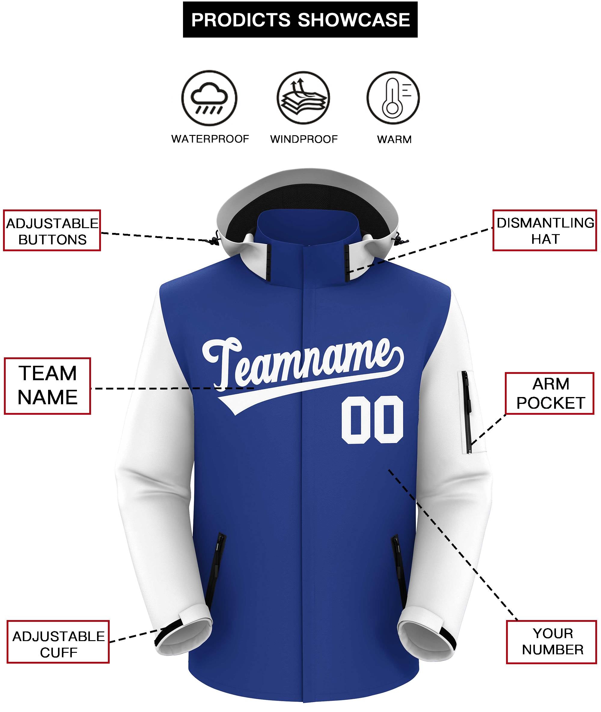 Custom Royal White- Raglan Sleeves Waterproof Jacket