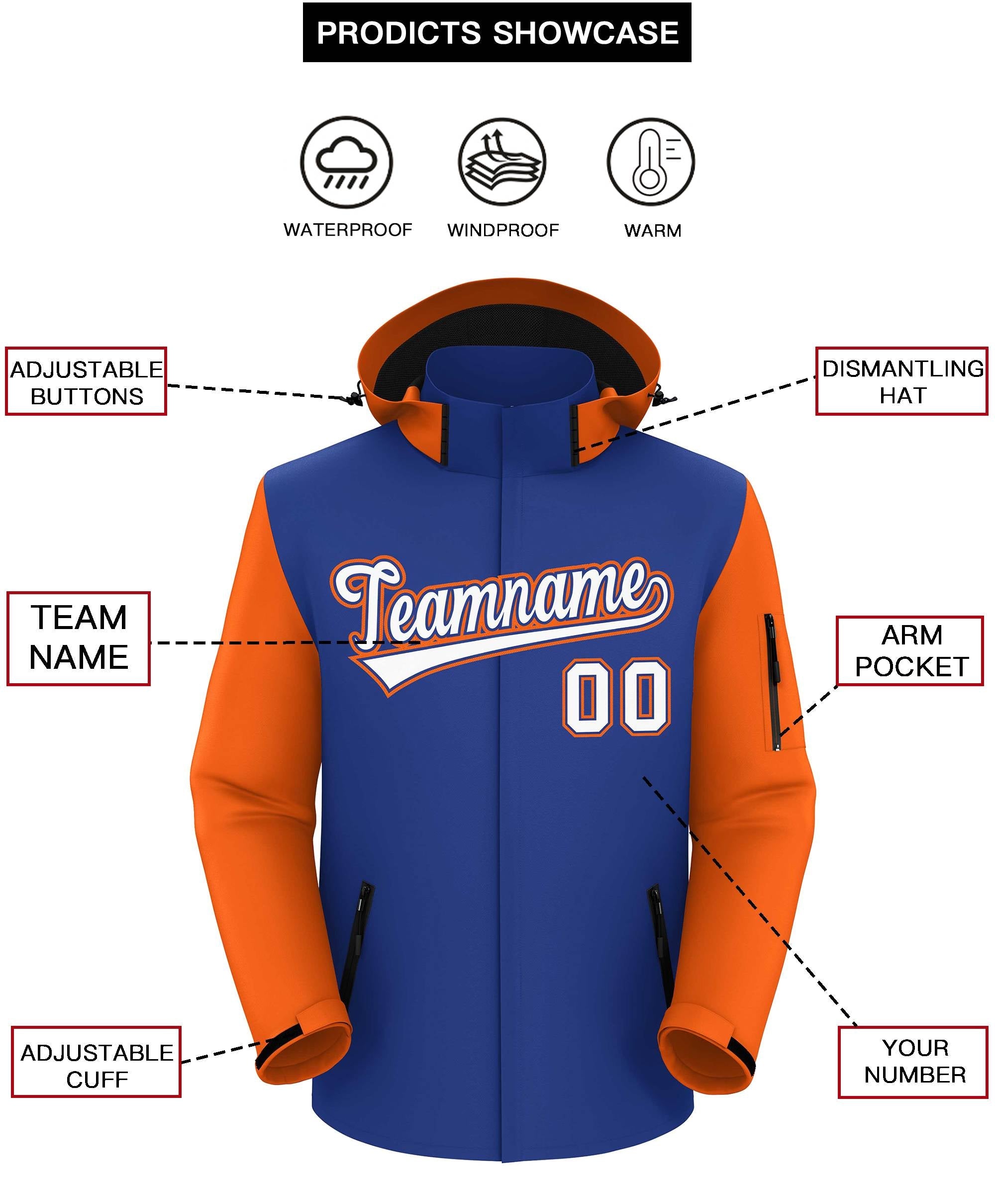 Custom Royal Orange-White Raglan Sleeves Waterproof Jacket