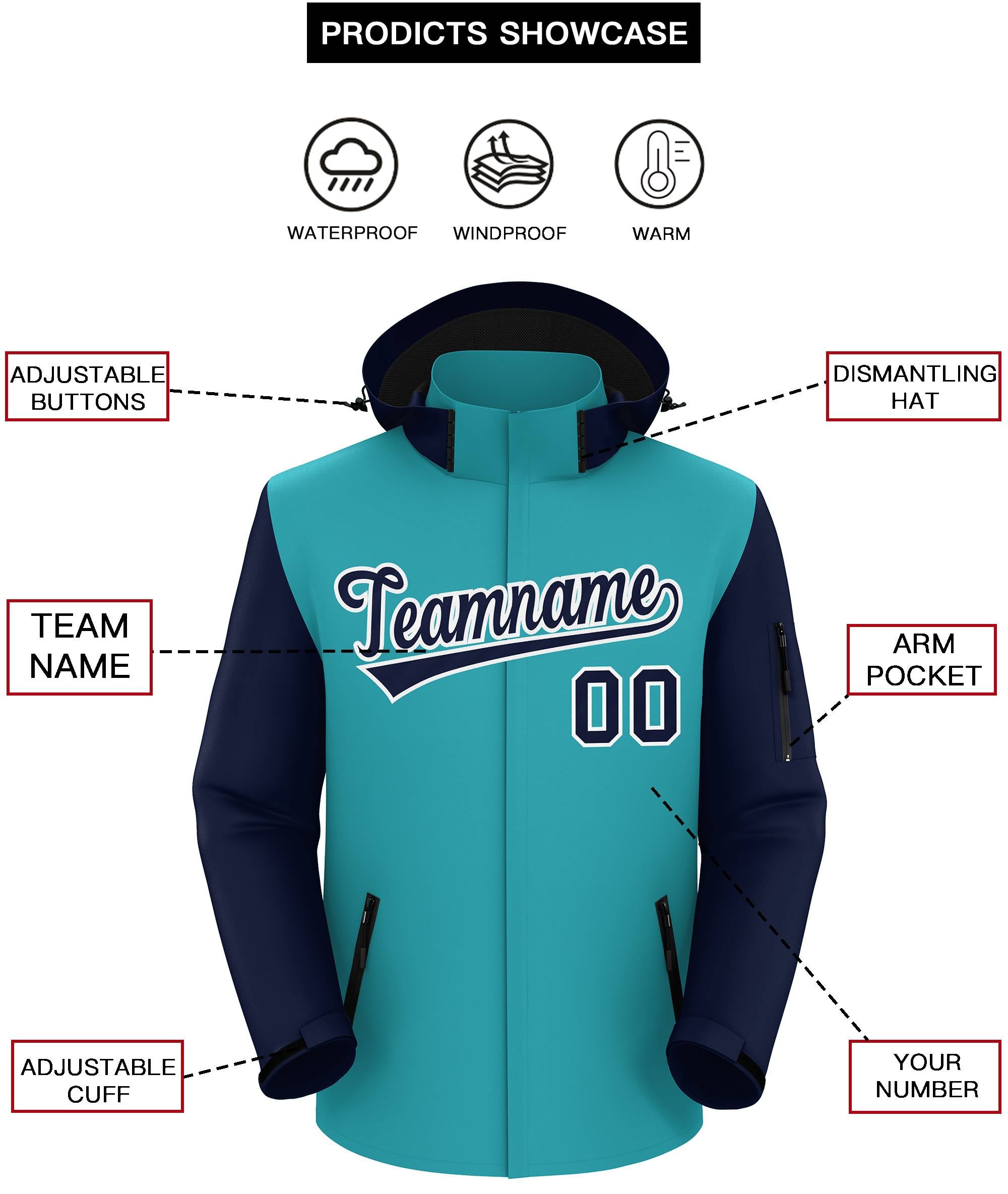 Custom Aqua Navy-White Raglan Sleeves Waterproof Jacket