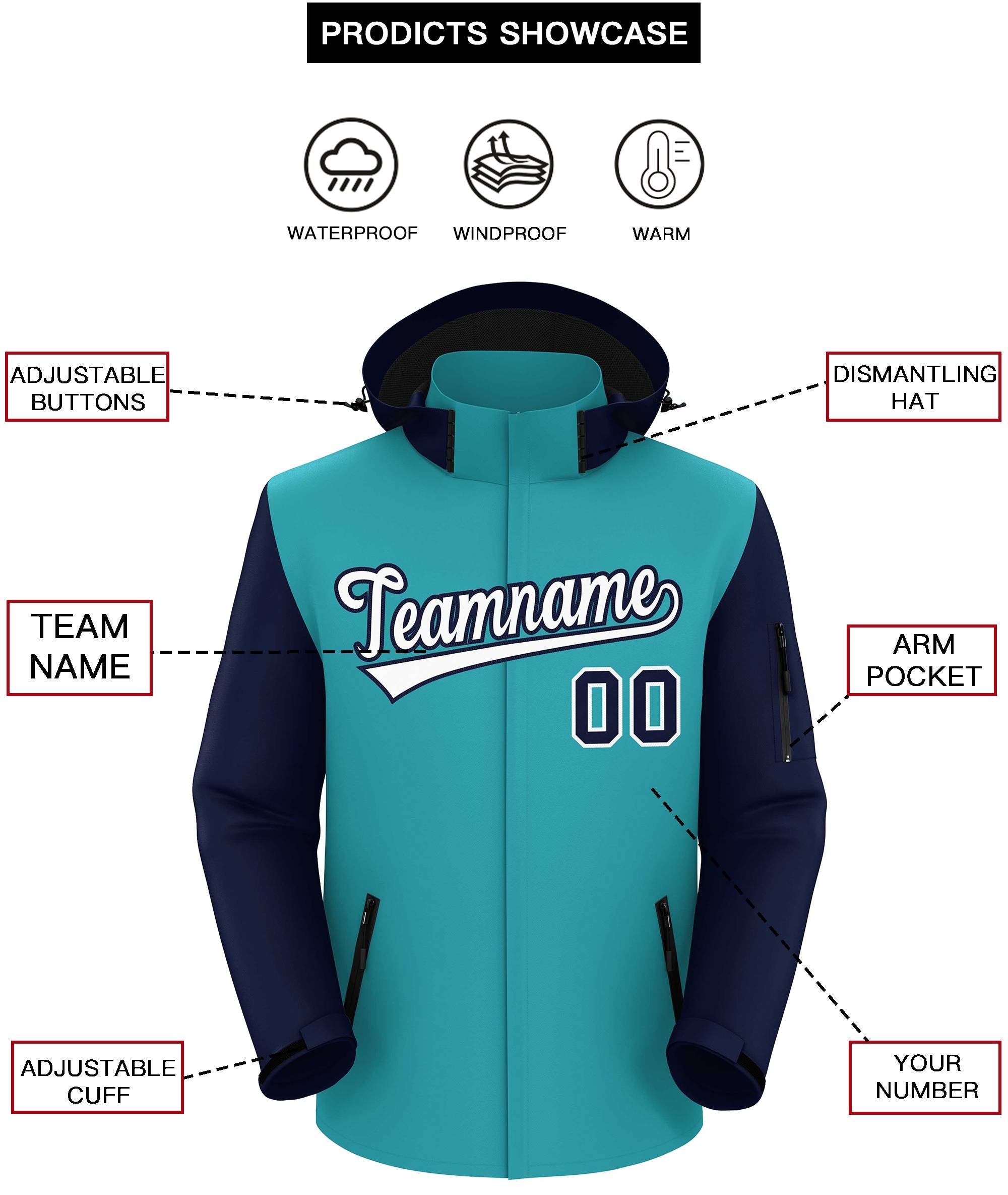 Custom Aqua Navy-White Raglan Sleeves Waterproof Jacket