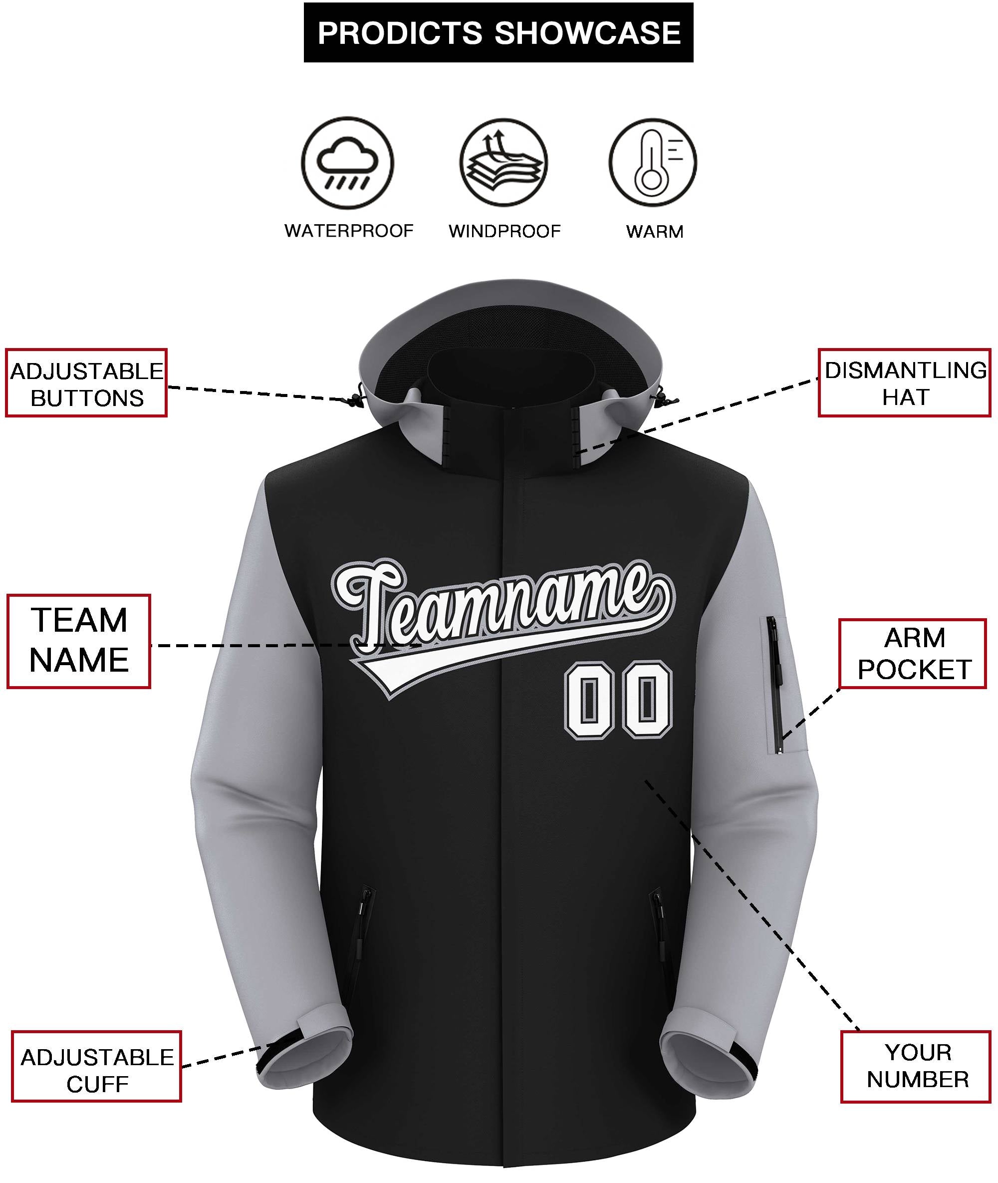 Custom Black Gray-White Raglan Sleeves Waterproof Jacket