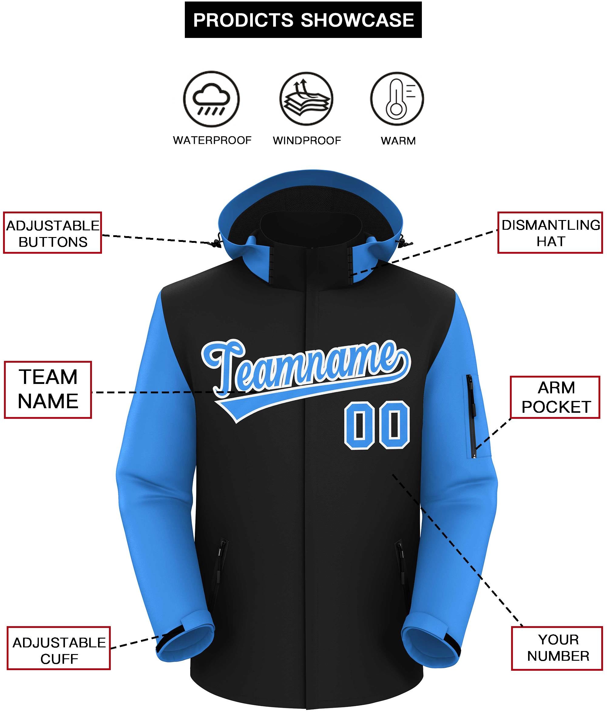 Custom Black Powder Blue-White Raglan Sleeves Waterproof Jacket