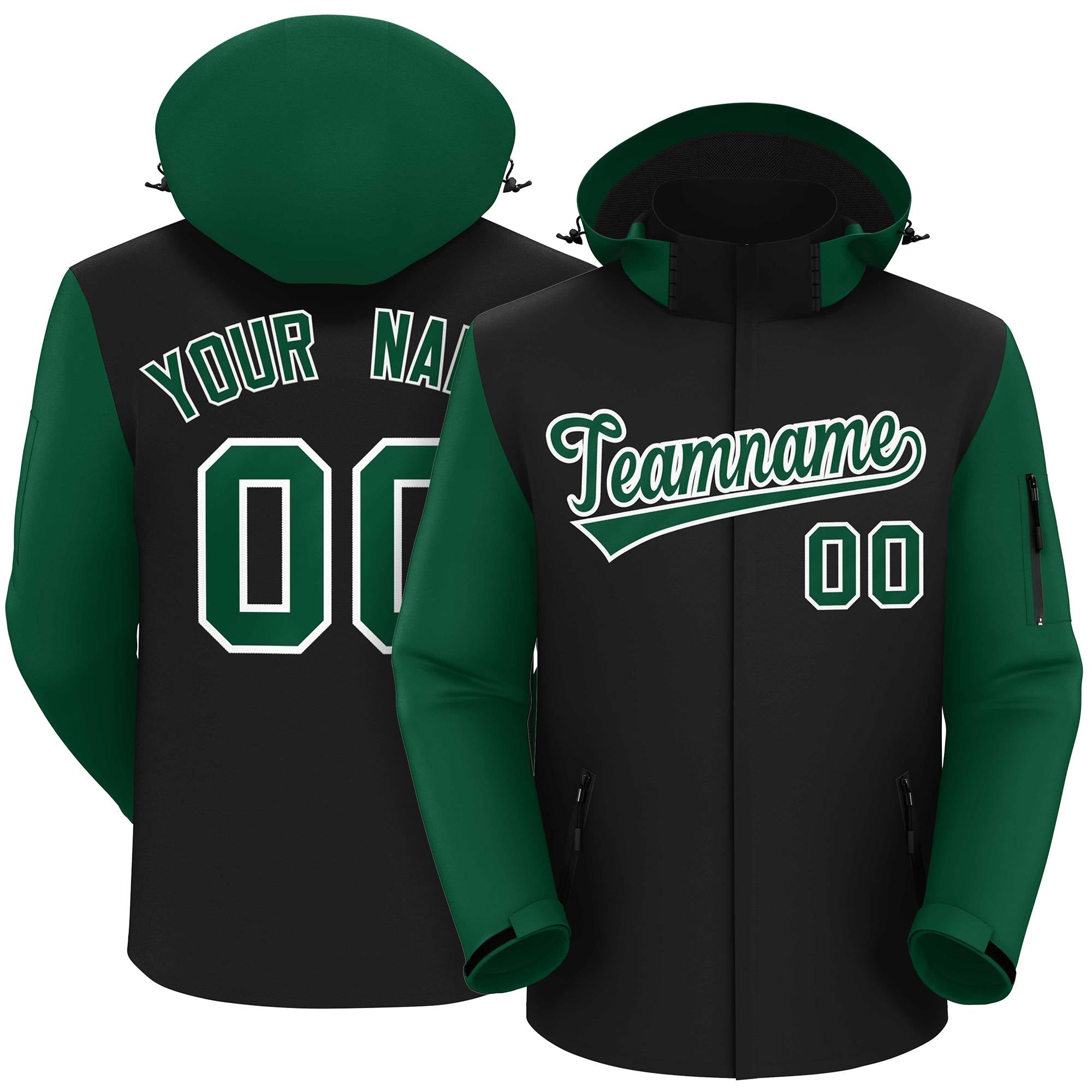 Custom Black Green-White Raglan Sleeves Waterproof Jacket