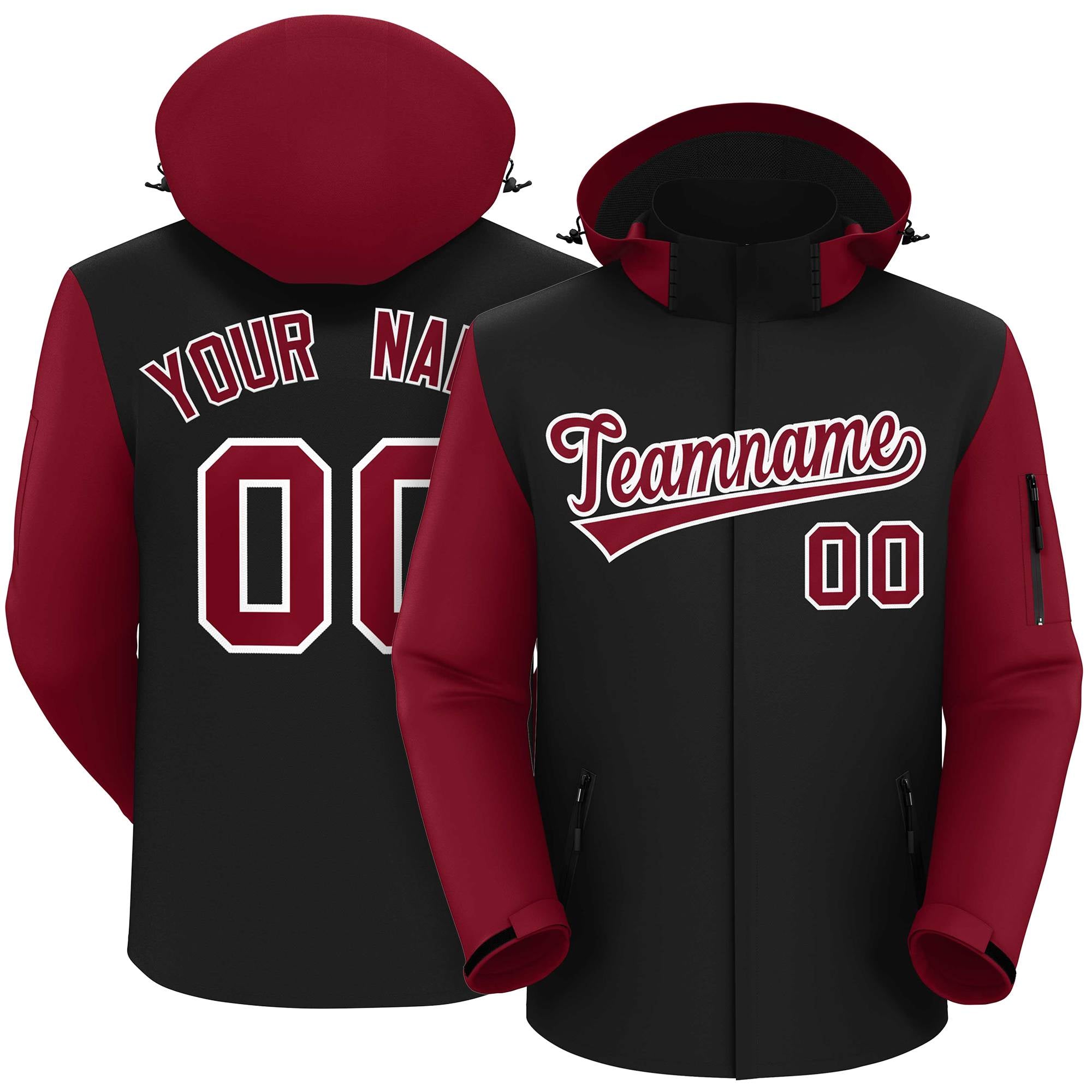 Custom Black Crimson-White Raglan Sleeves Waterproof Jacket