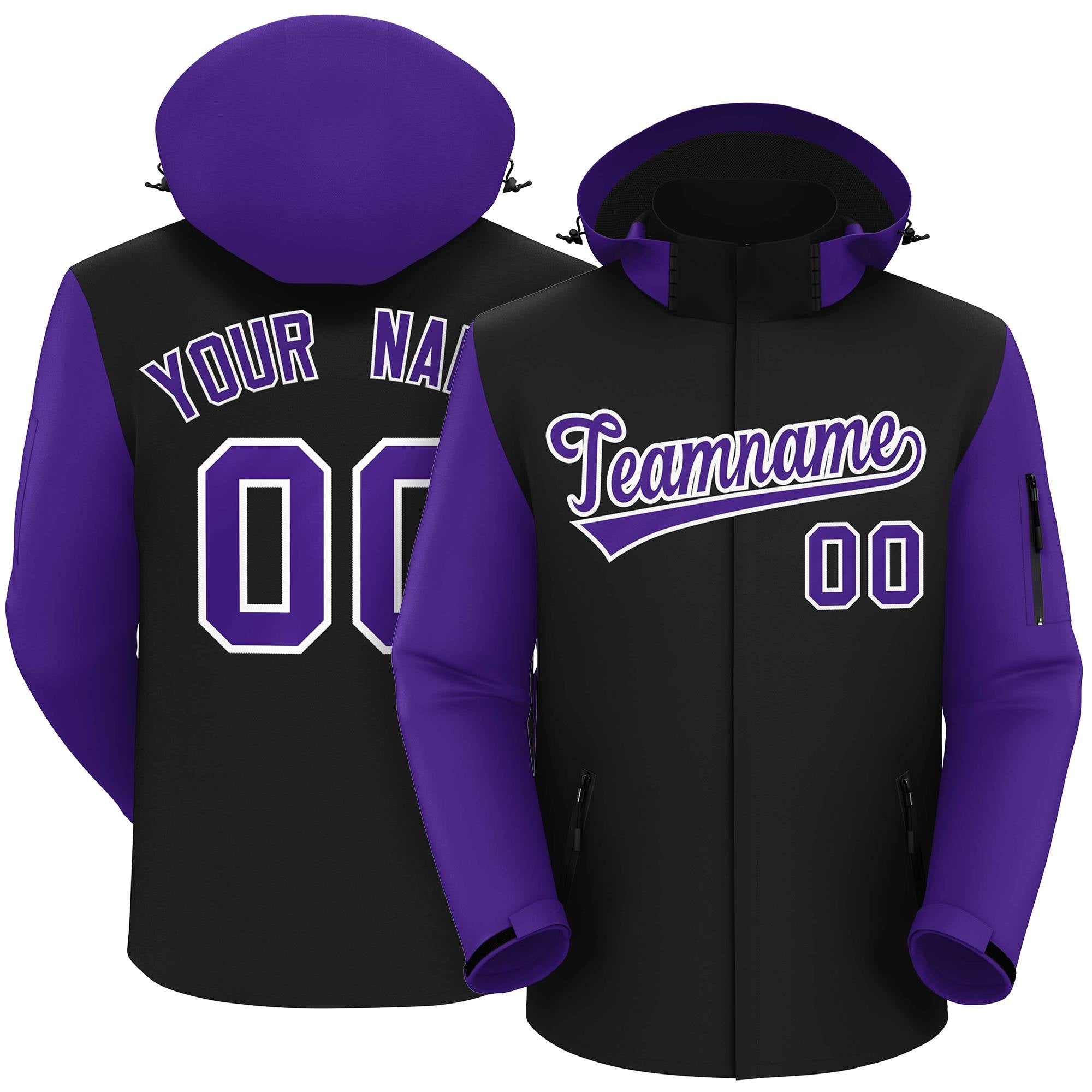 Custom Black Purple-White Raglan Sleeves Waterproof Jacket