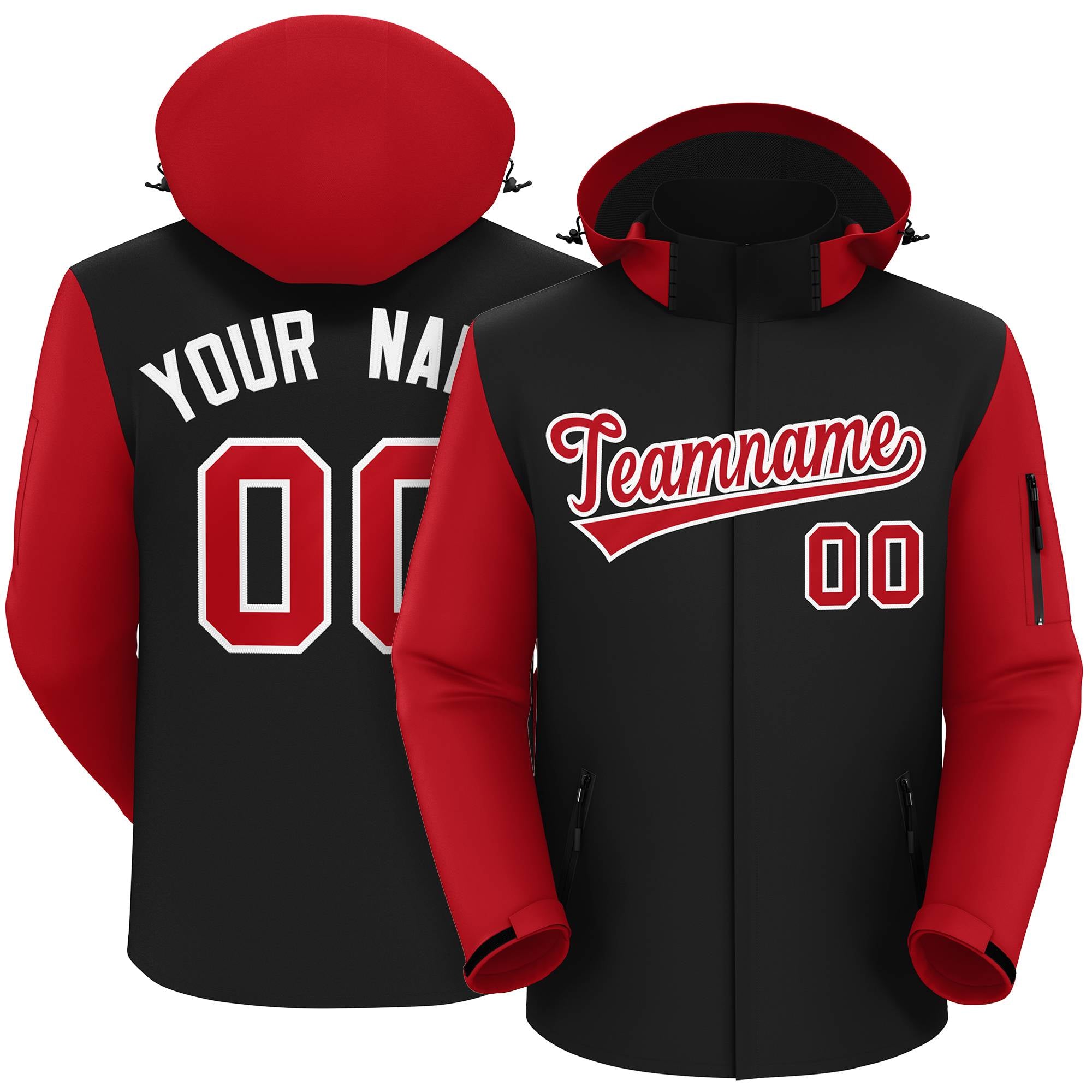 Custom Black Red-White Raglan Sleeves Waterproof Jacket