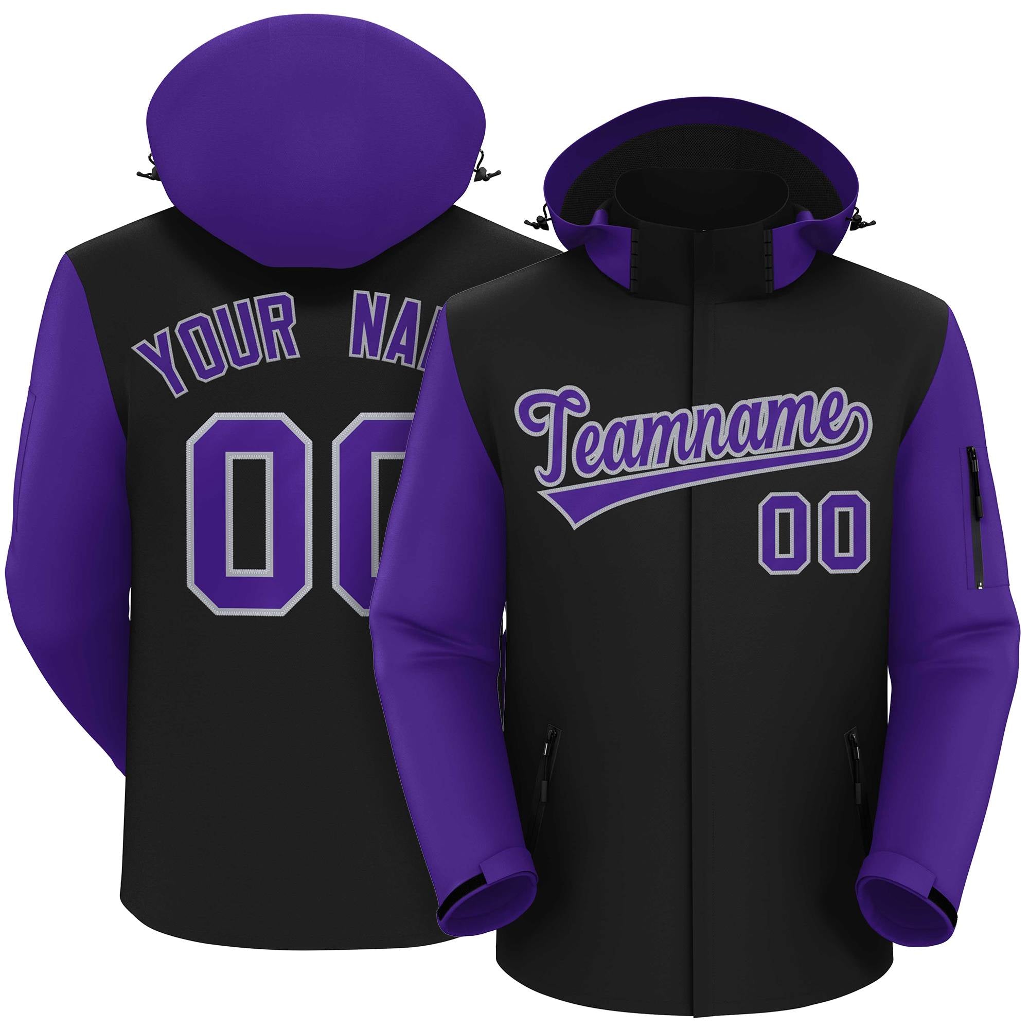 Custom Black Purple-Gray Raglan Sleeves Waterproof Jacket