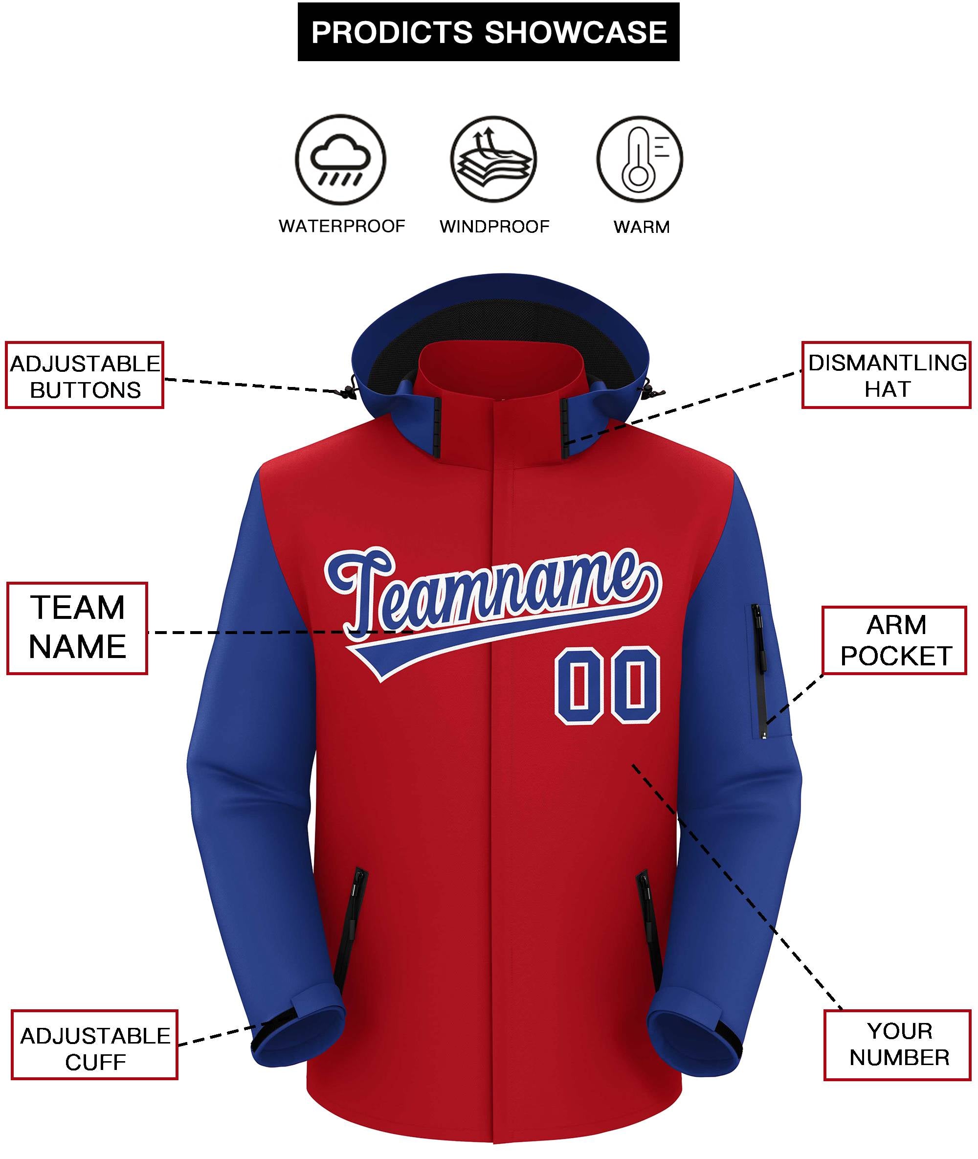 Custom Red Royal-White Raglan Sleeves Waterproof Jacket