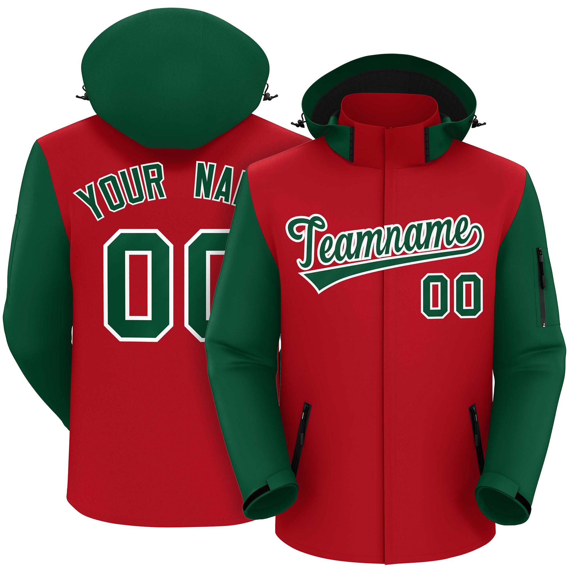 Custom Red Green-White Raglan Sleeves Waterproof Jacket