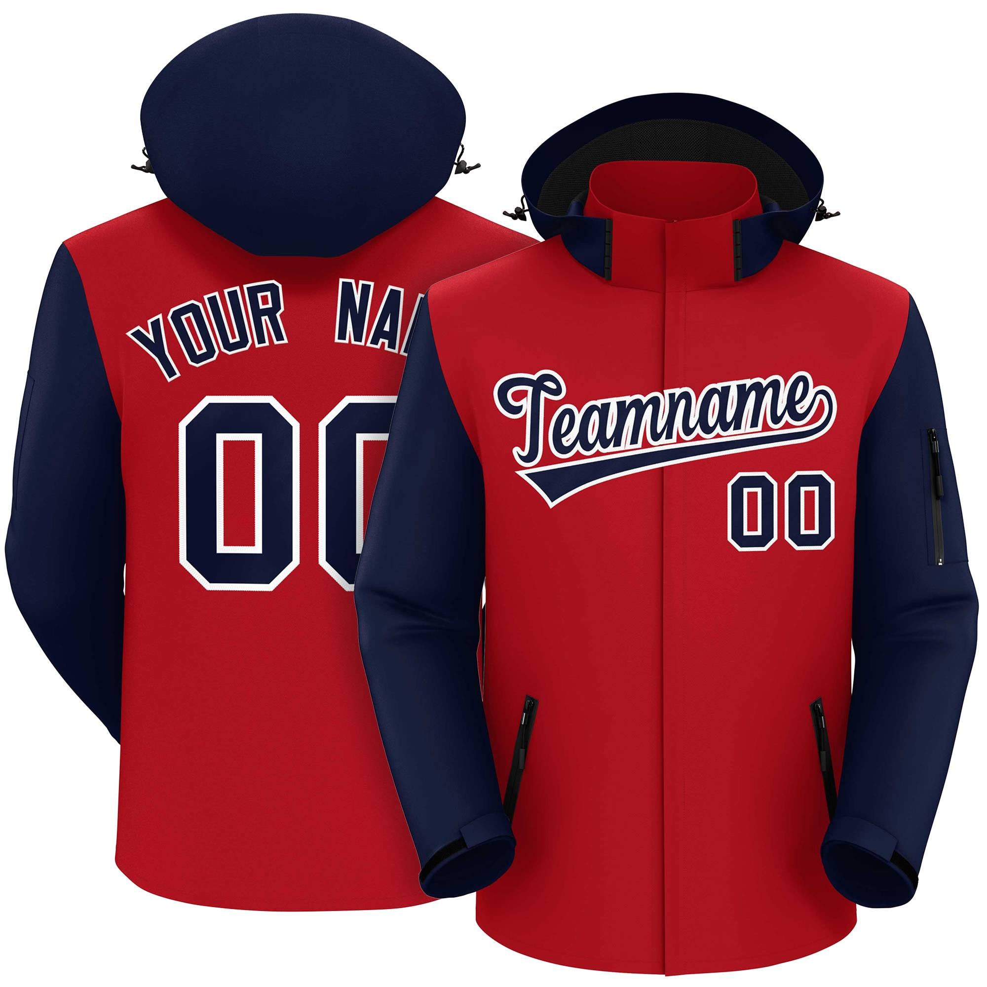 Custom Red Navy-White Raglan Sleeves Waterproof Jacket