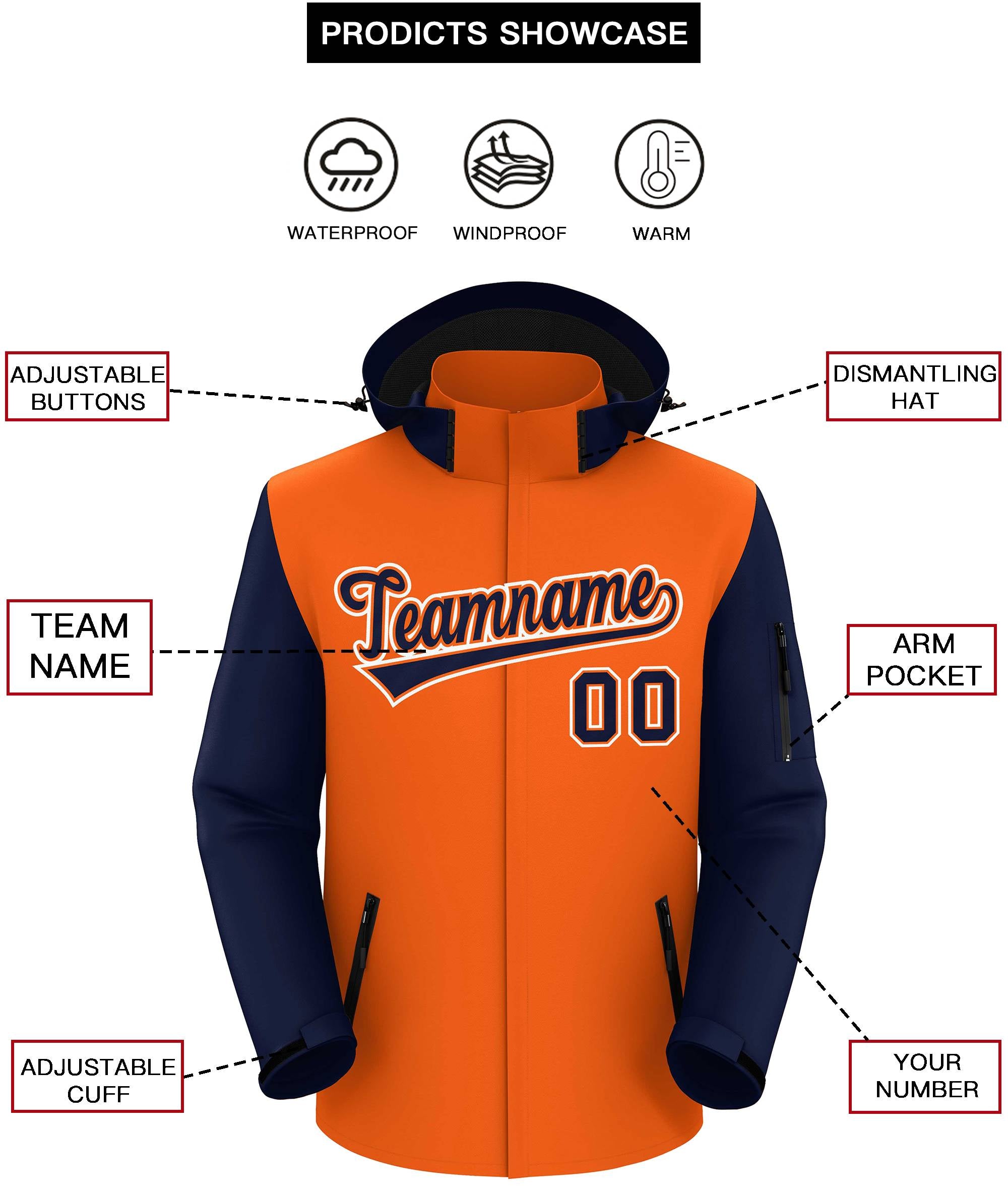 Custom Orange Navy-White Raglan Sleeves Waterproof Jacket