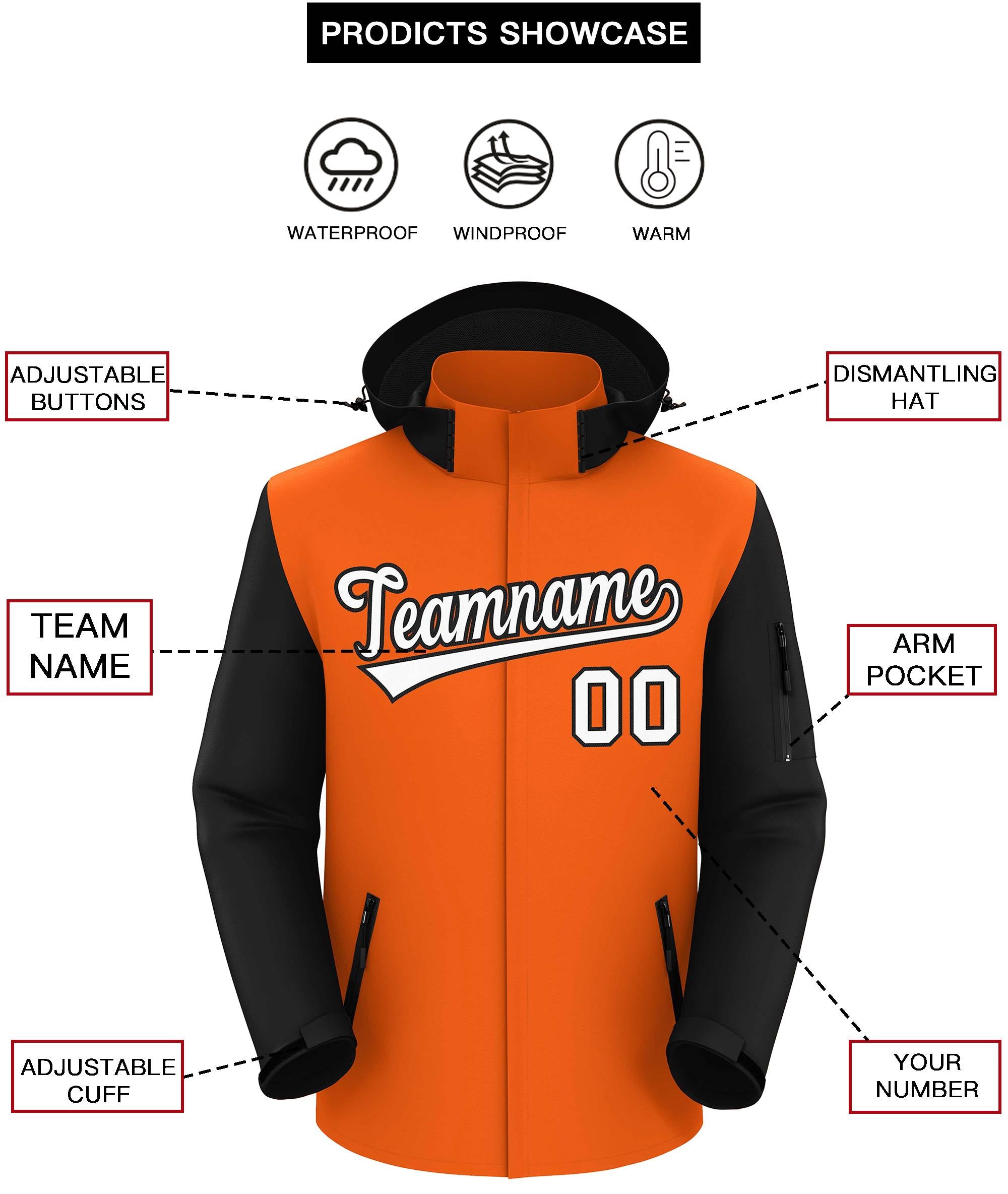 Veste imperméable à manches raglan orange noir-blanc personnalisée