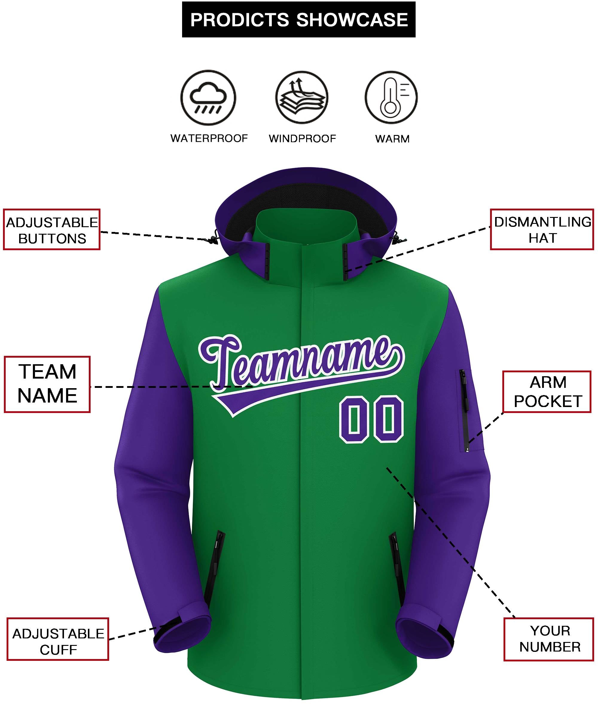 Custom Kelly Green Purple-White Raglan Sleeves Waterproof Jacket