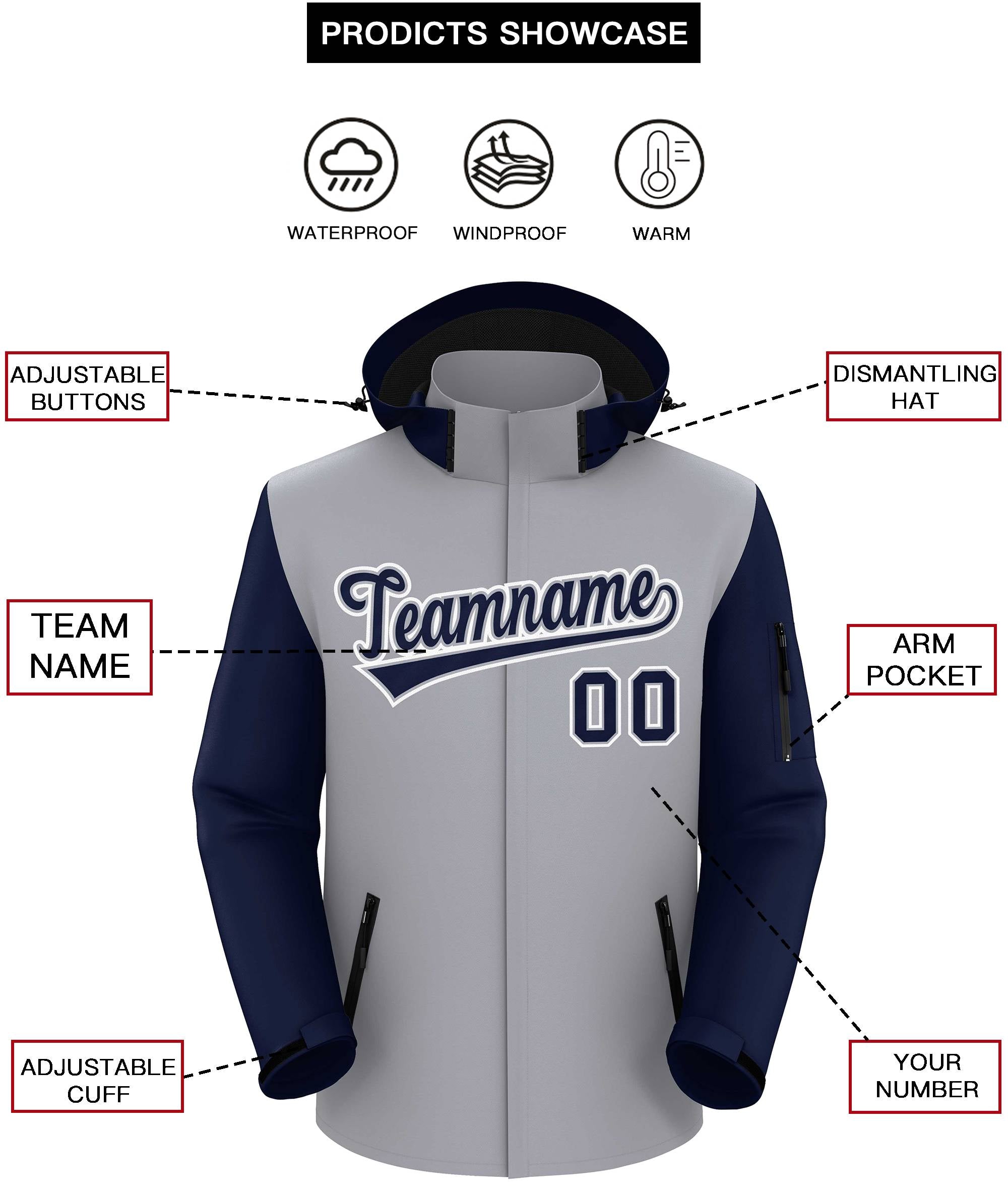 Custom Gray Navy-White Raglan Sleeves Waterproof Jacket