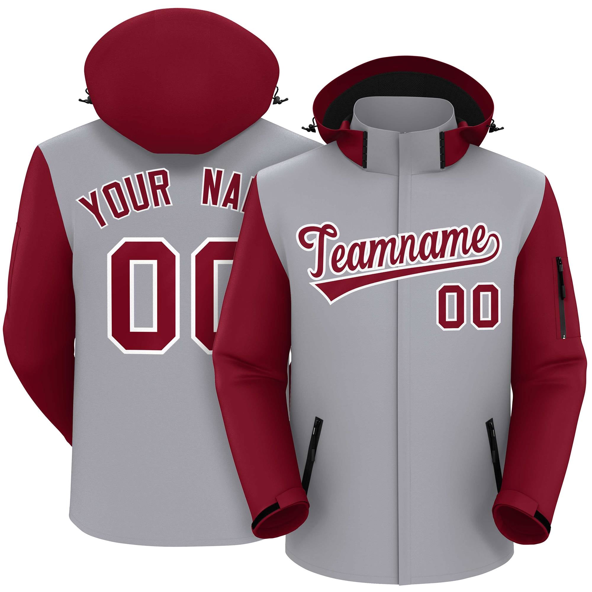 Custom Gray Crimson-White Raglan Sleeves Waterproof Jacket