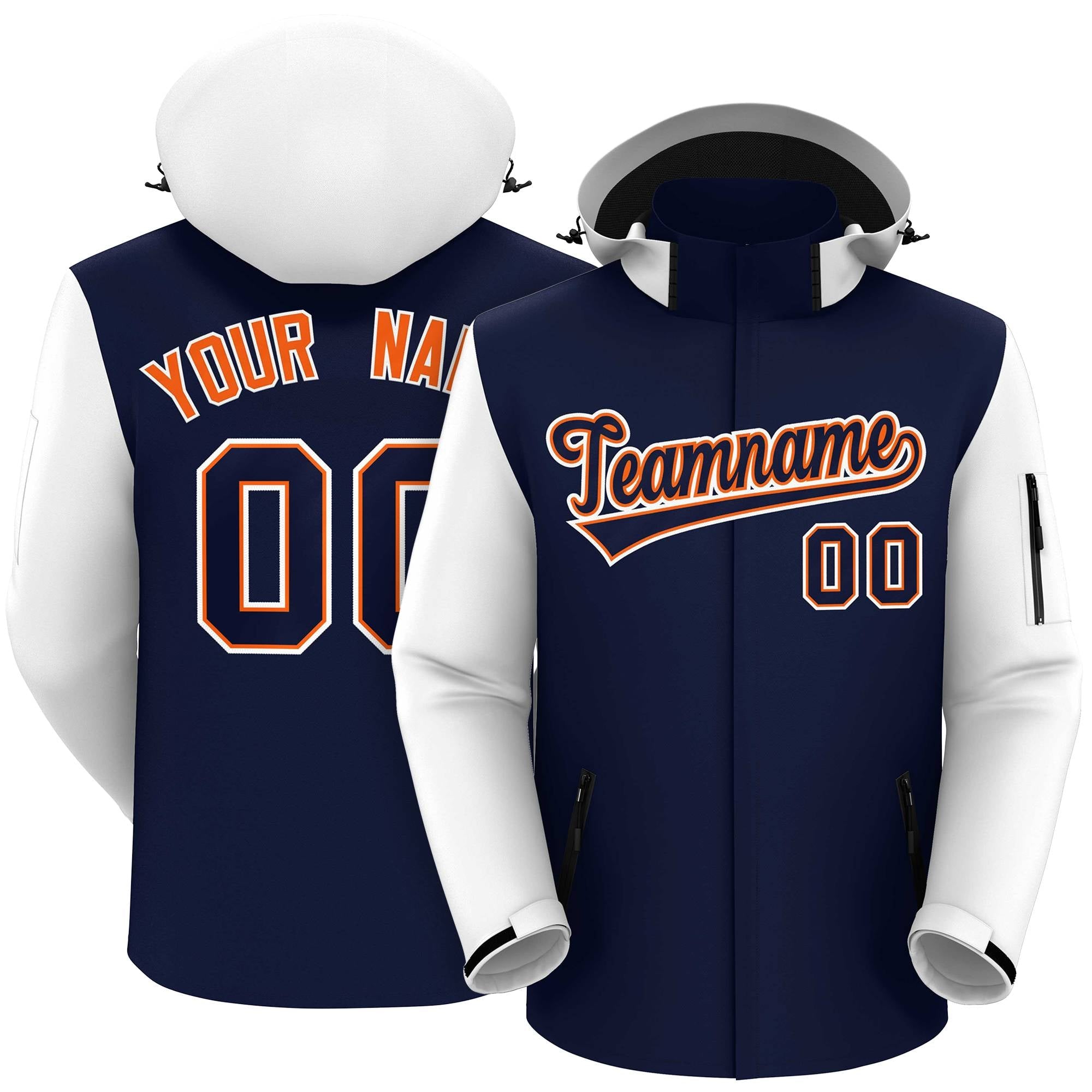 Custom Navy White-Orange Raglan Sleeves Waterproof Jacket