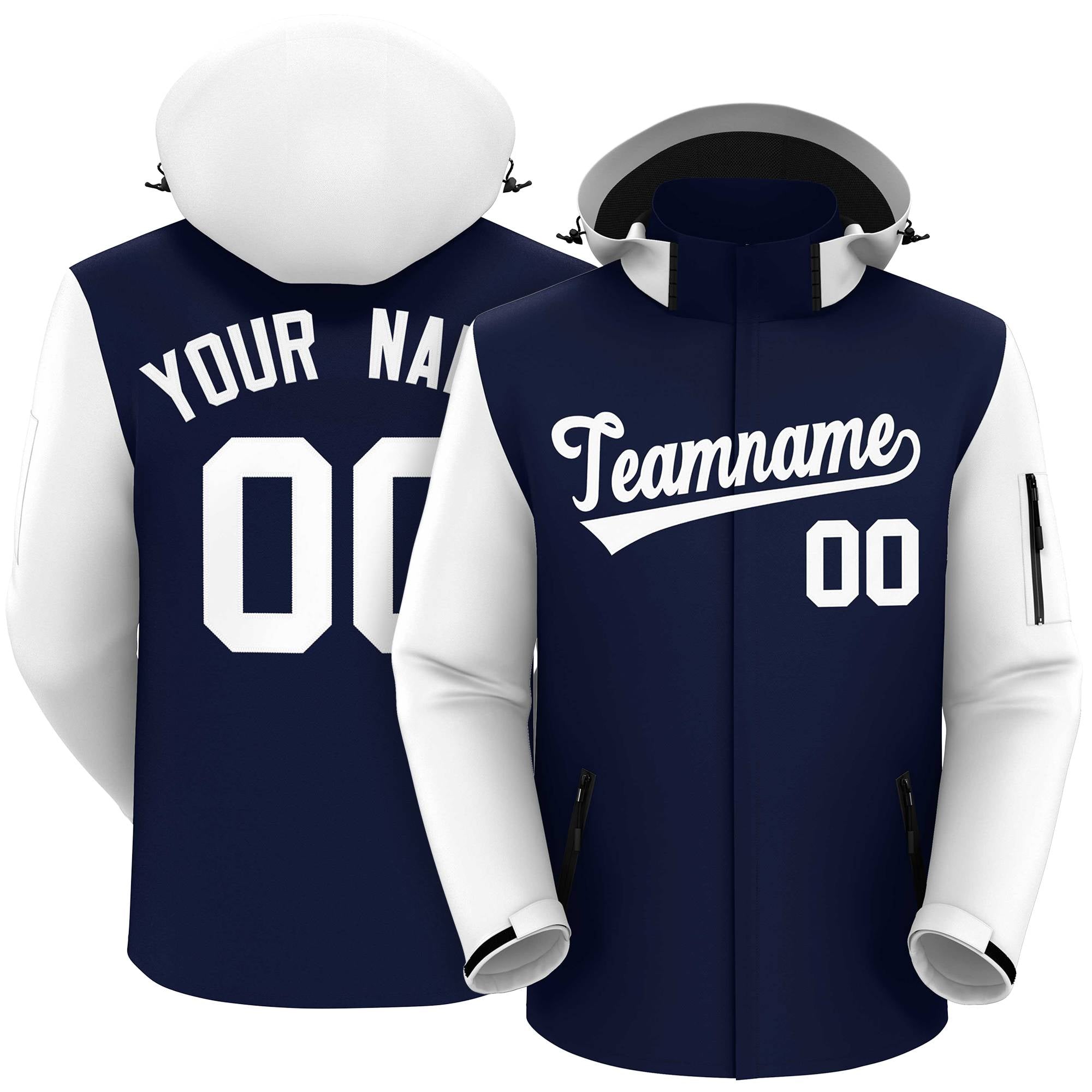 Custom Navy White Raglan Sleeves Waterproof Jacket