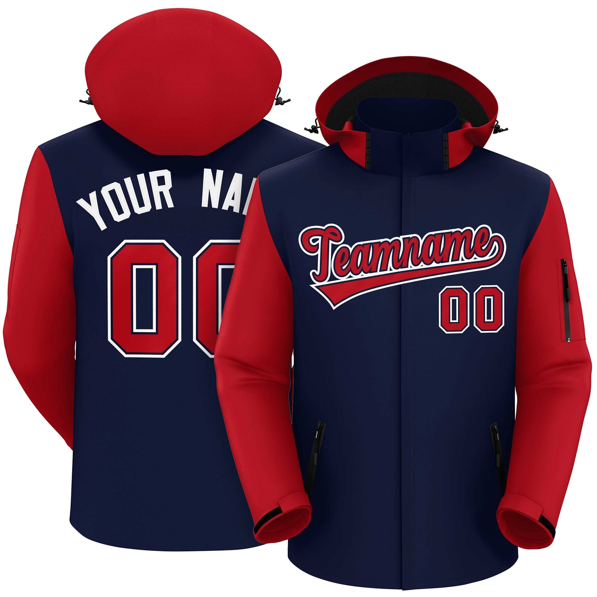 Custom Navy Red-White Raglan Sleeves Waterproof Jacket