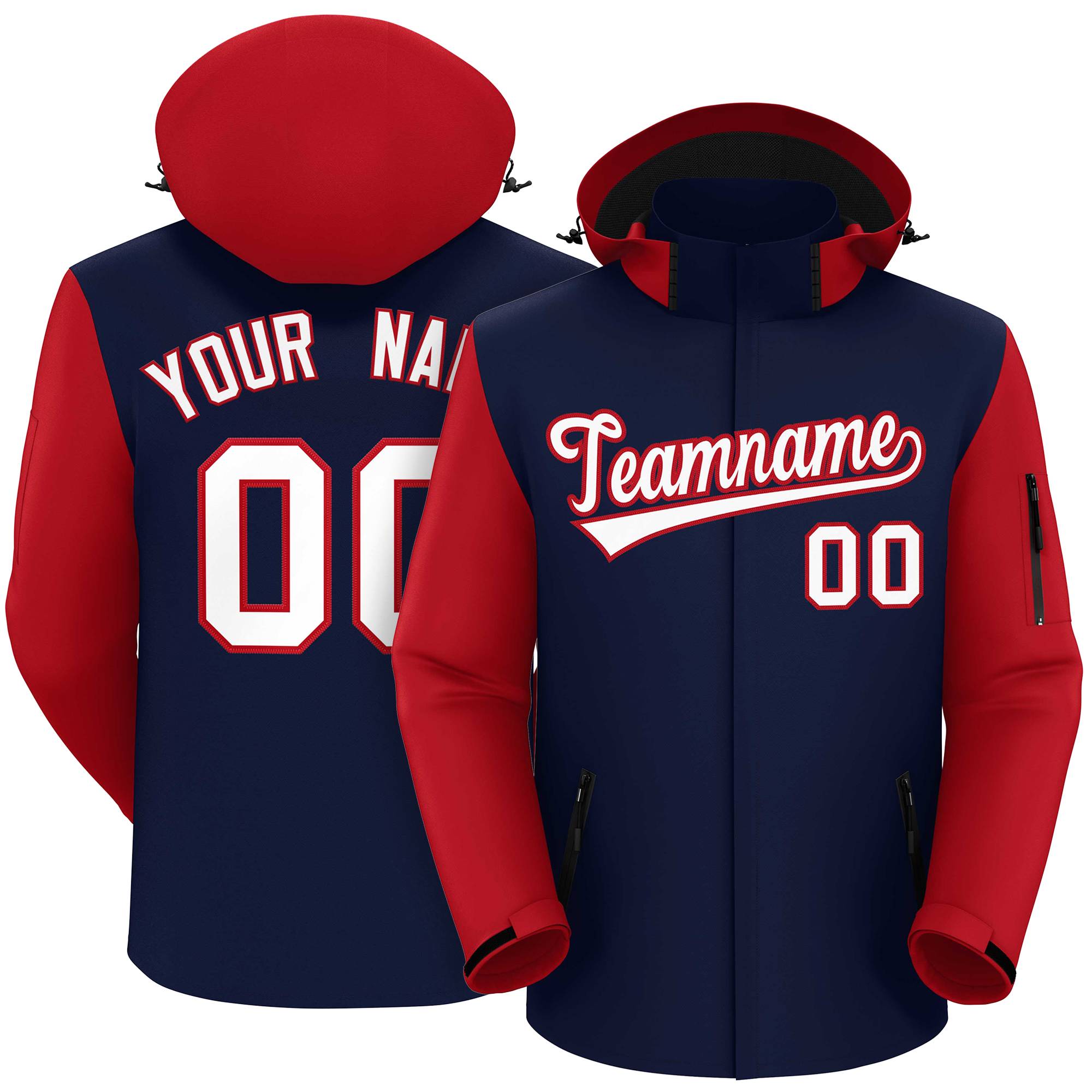 Custom Navy Red-White Raglan Sleeves Waterproof Jacket