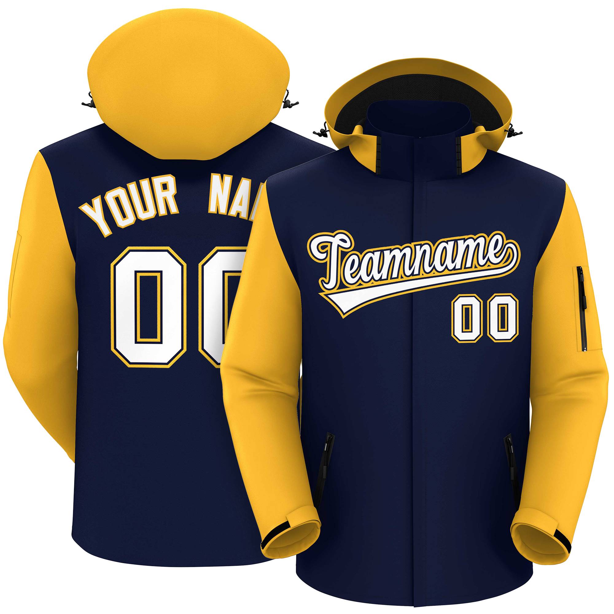 Custom Navy Gold-White Raglan Sleeves Waterproof Jacket