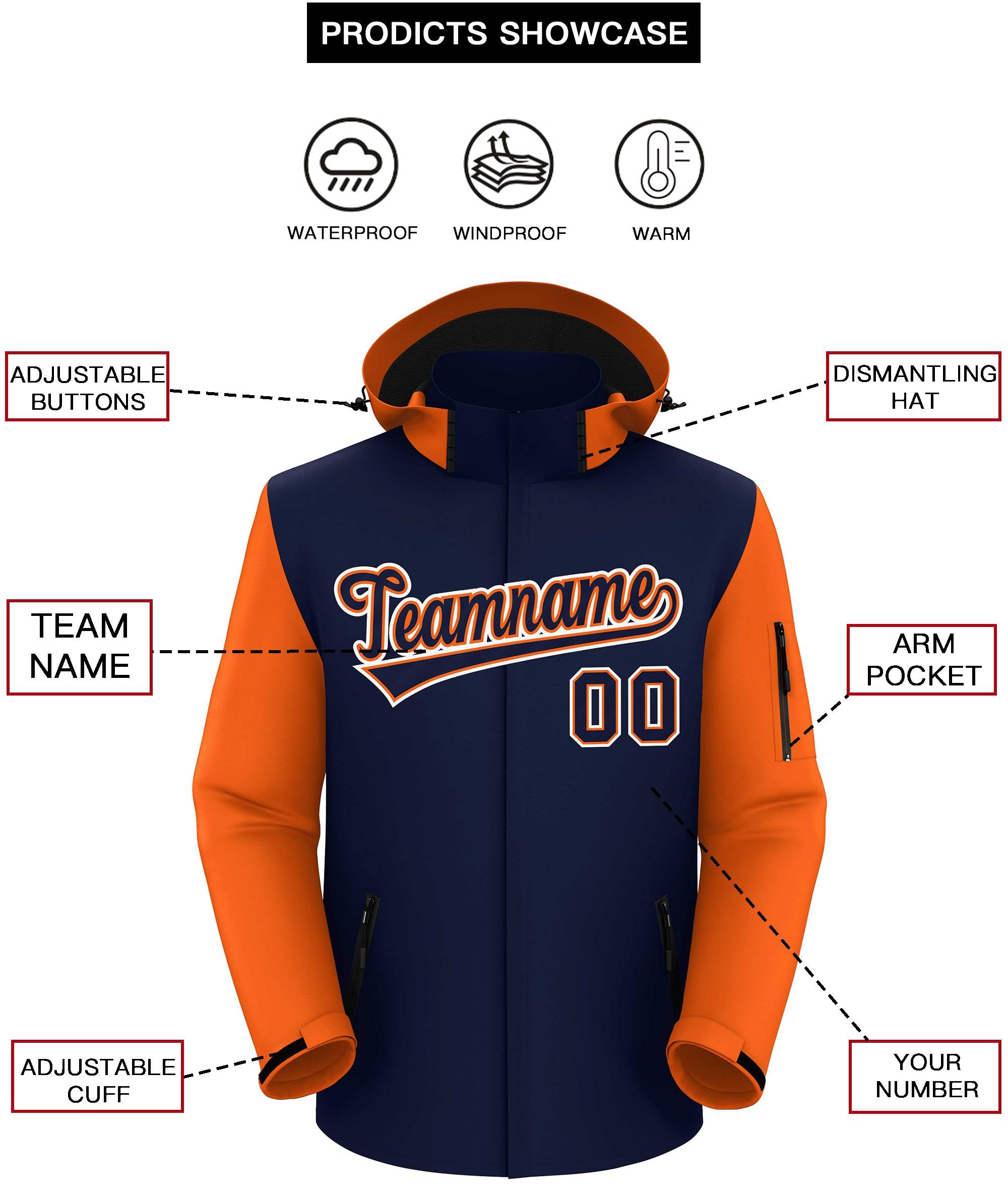 Custom Navy Orange-White Raglan Sleeves Waterproof Jacket