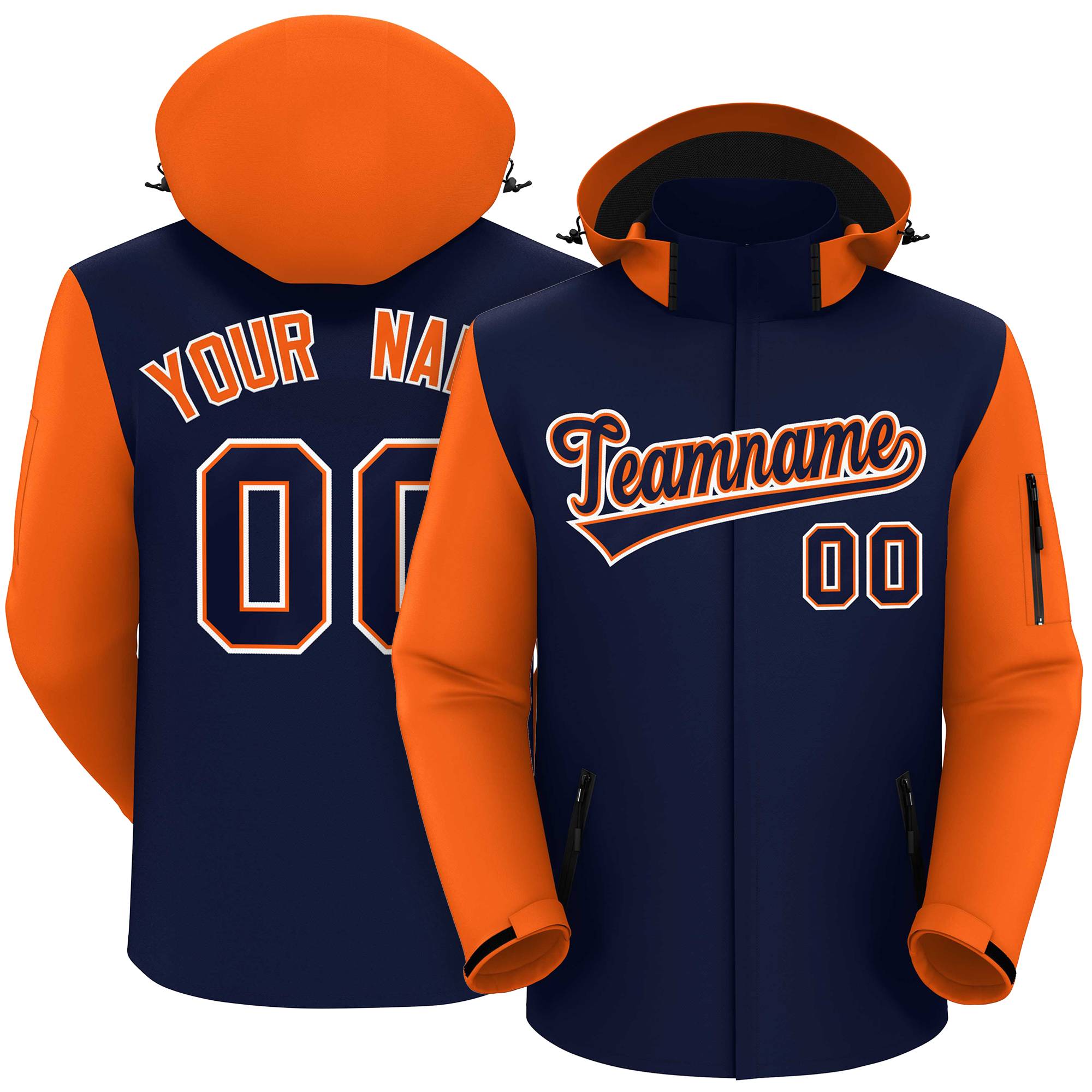 Custom Navy Orange-White Raglan Sleeves Waterproof Jacket